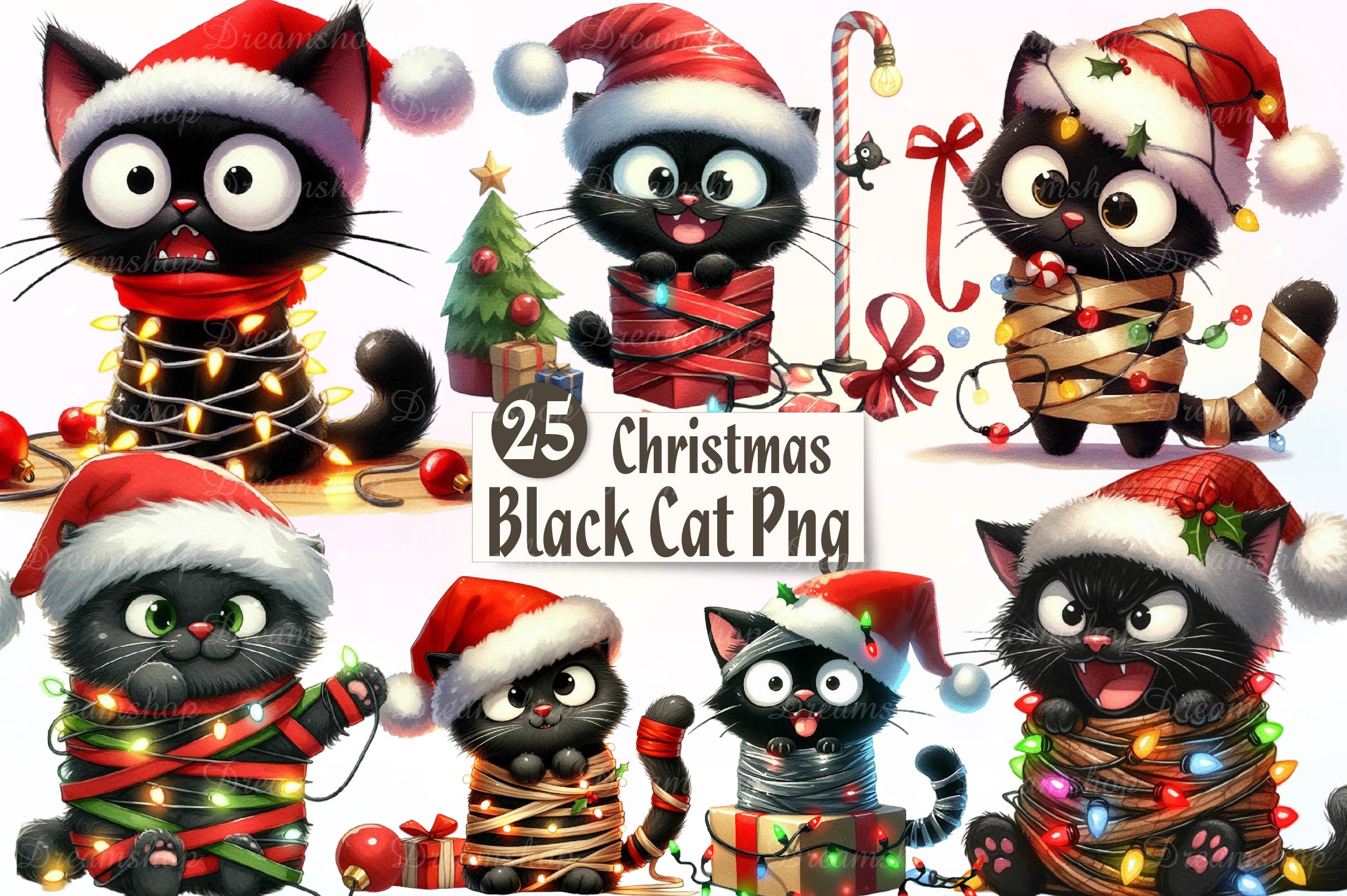 Funny Christmas Black Cat Clipart Bundle