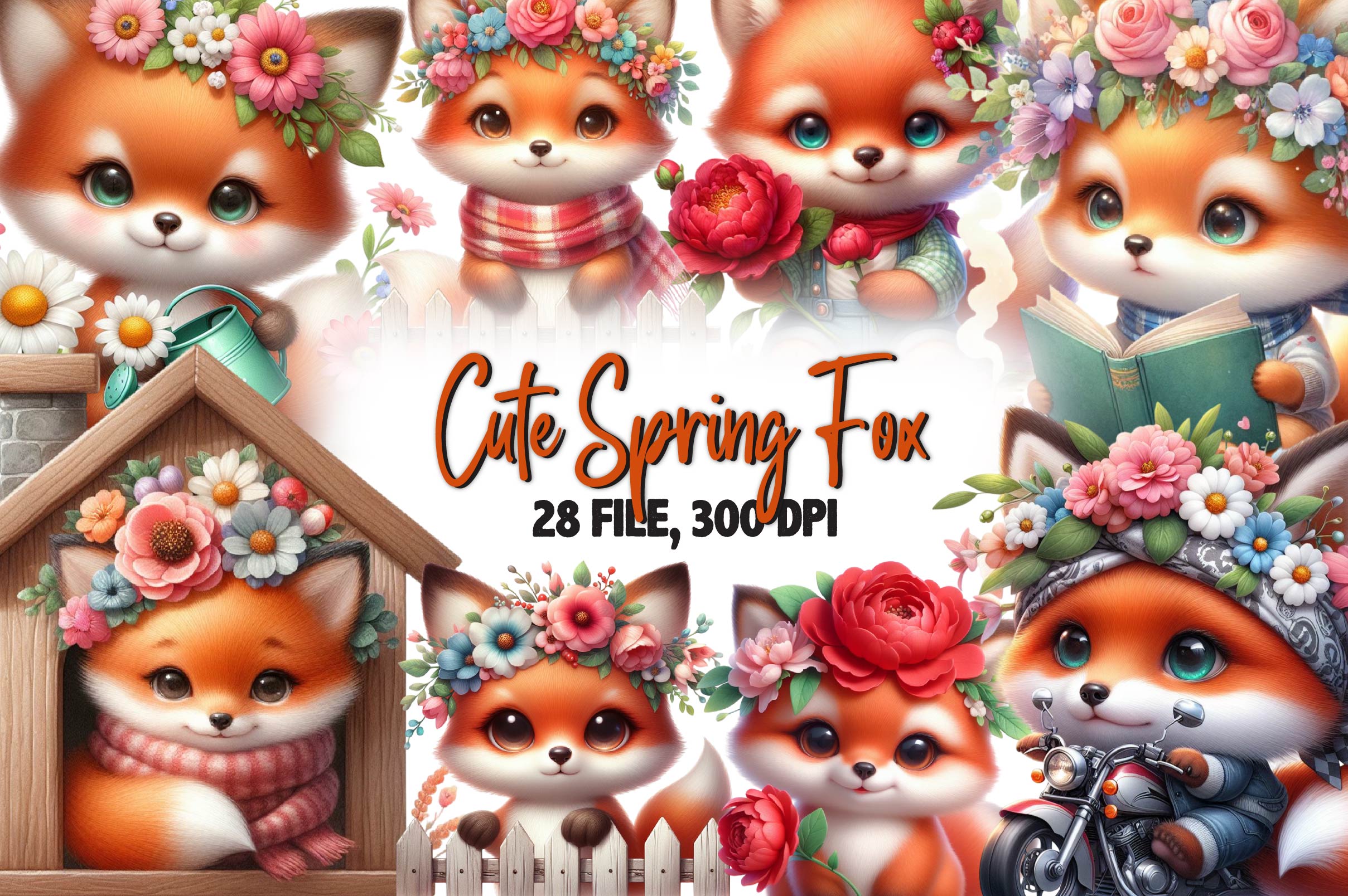 Cute Spring Fox Clipart Bundle