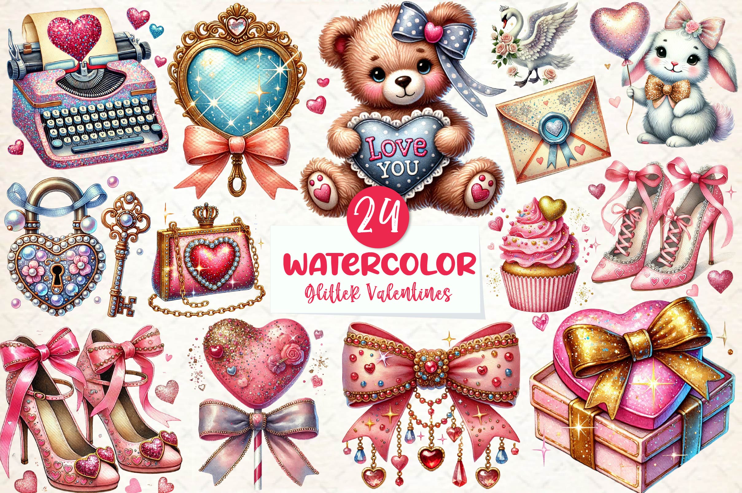 Glitter Coquette Valentines Clipart Bundle