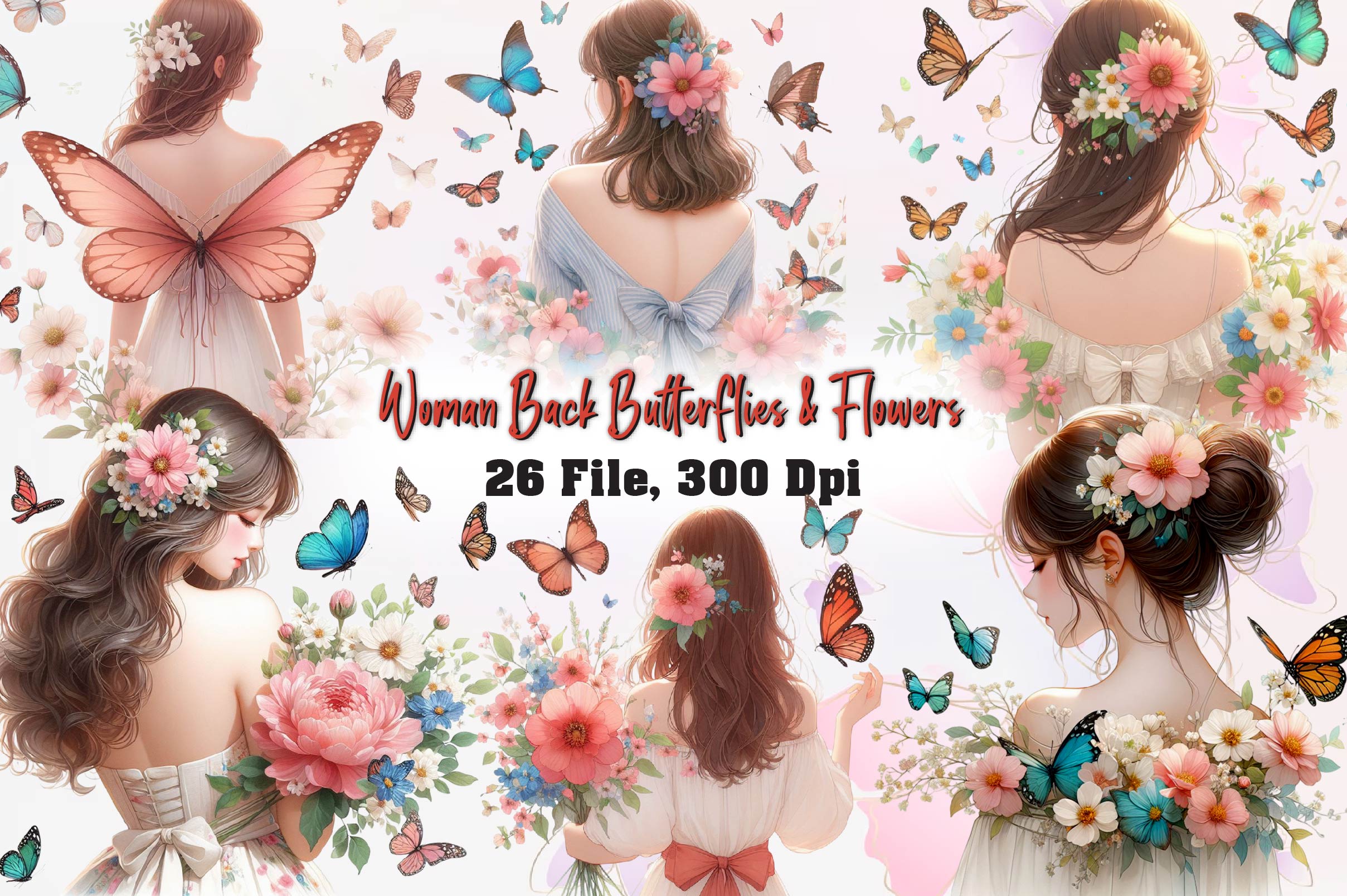 Woman Back Butterflies & Flowers Clipart Bundle