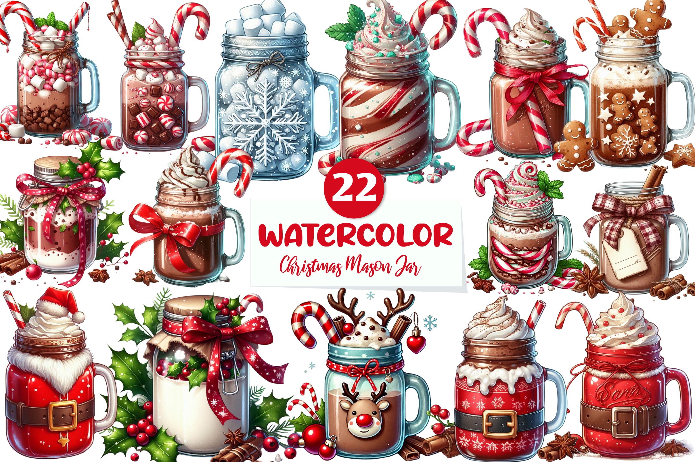 Christmas Hot Cocoa Mason Jar Clipart Bundle 1