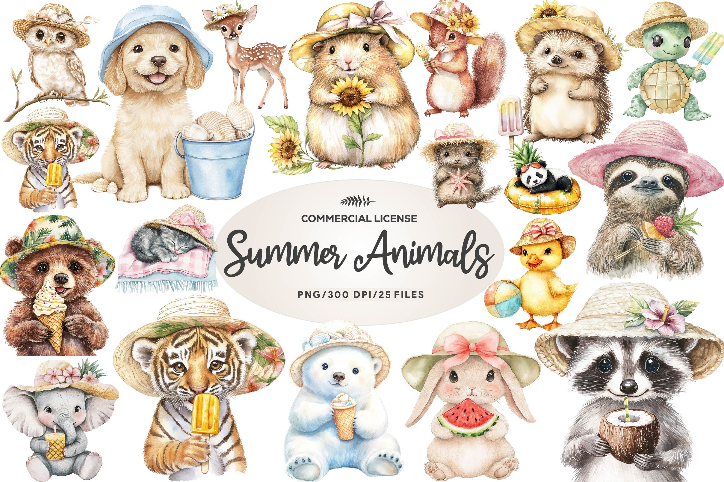 Baby Animals In Summer Hat Clipart Bundle