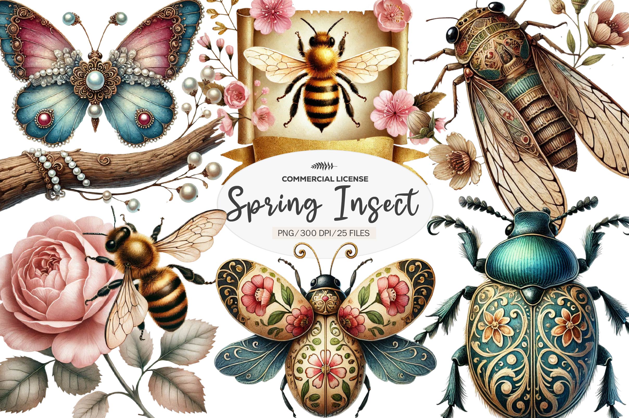 Vintage Spring Insect Clipart Bundle 1