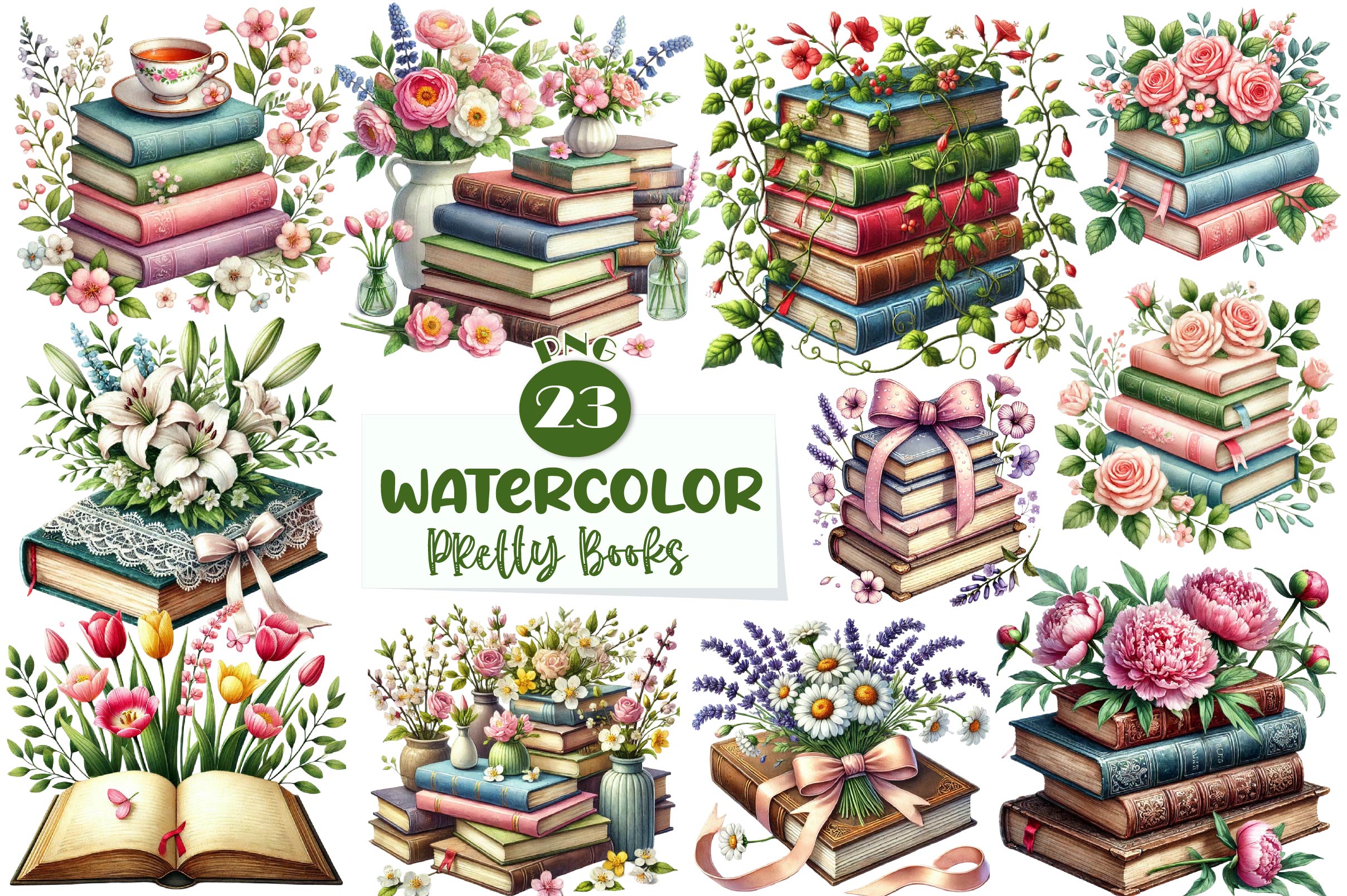 Pretty Books With Flowers Clipart Bundle 2