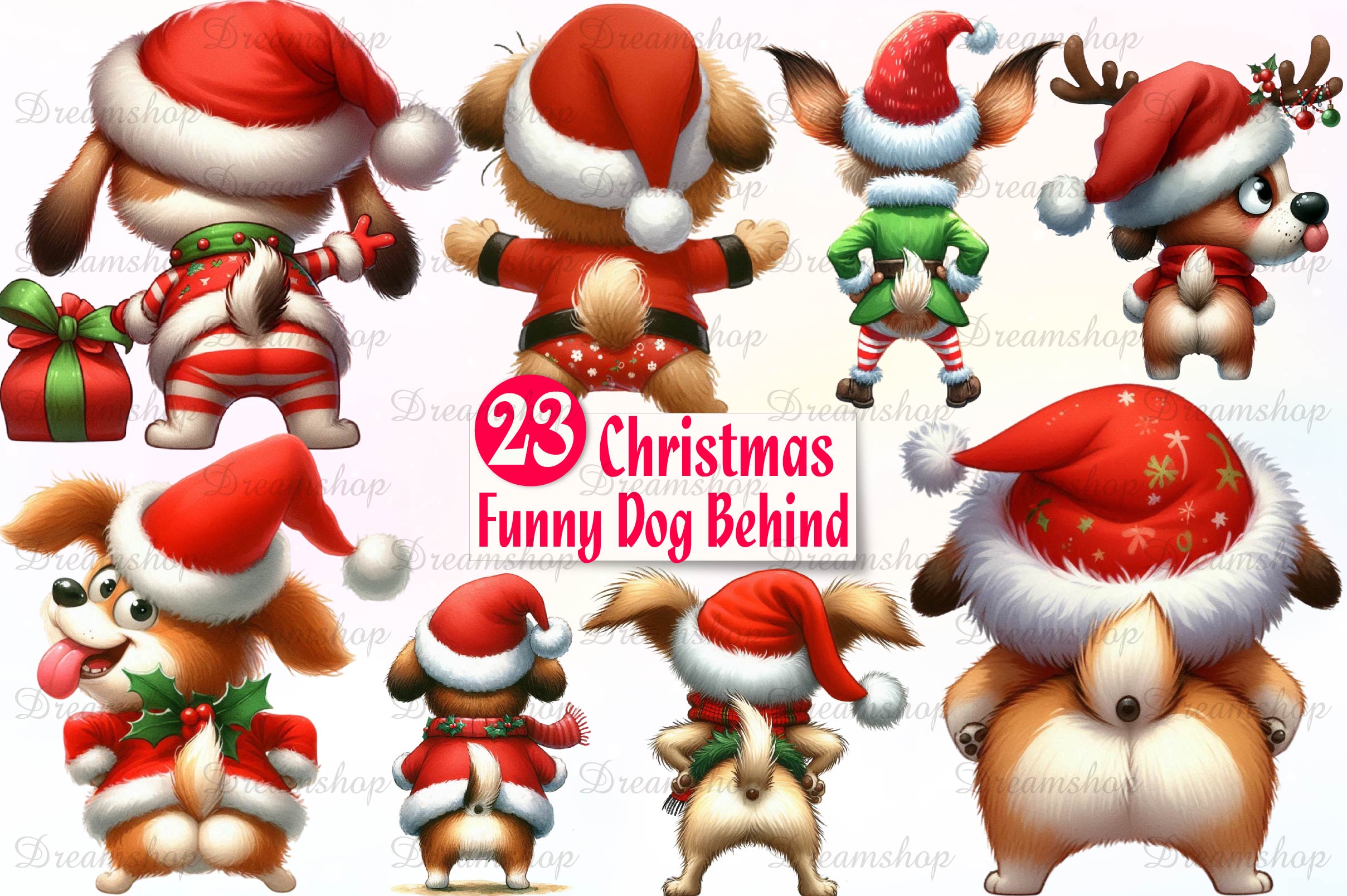 Funny Christmas Dog From Behind Clipart Bundle