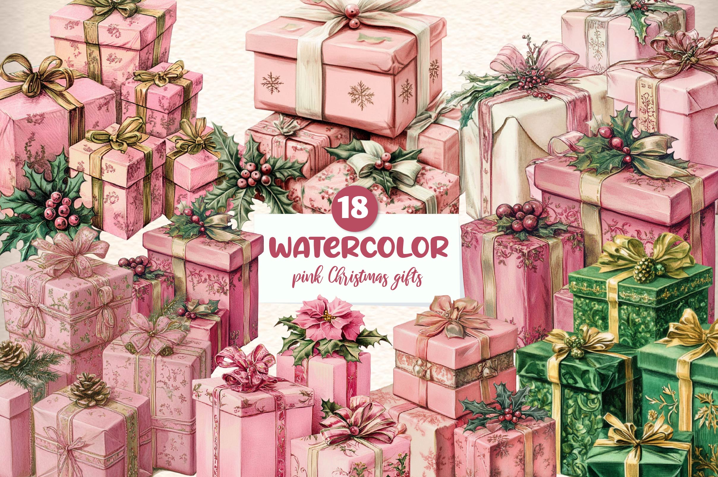 Vintage Pink Christmas Gifts Clipart Bundle