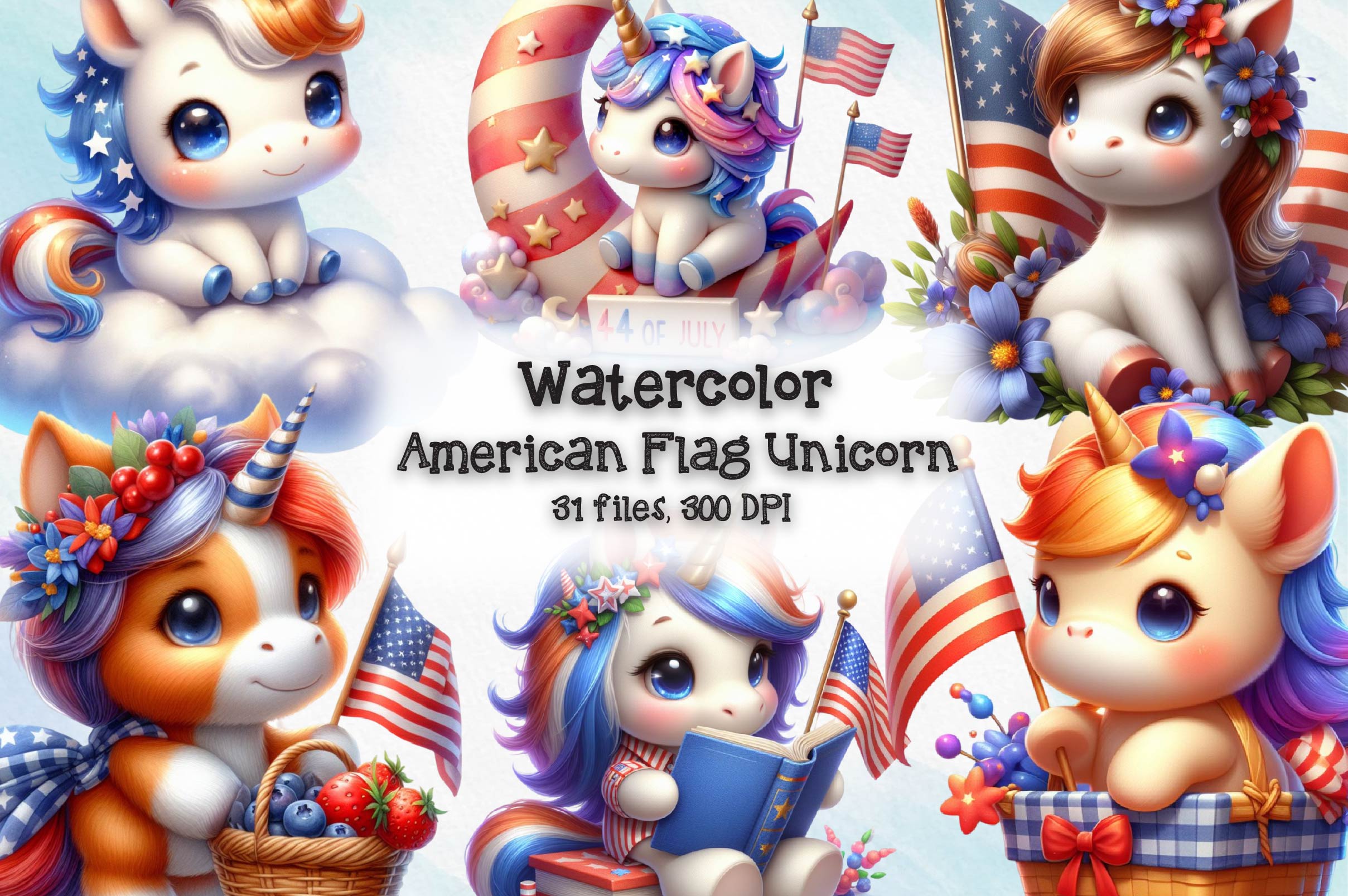 American Flag Unicorn Clipart Bundle