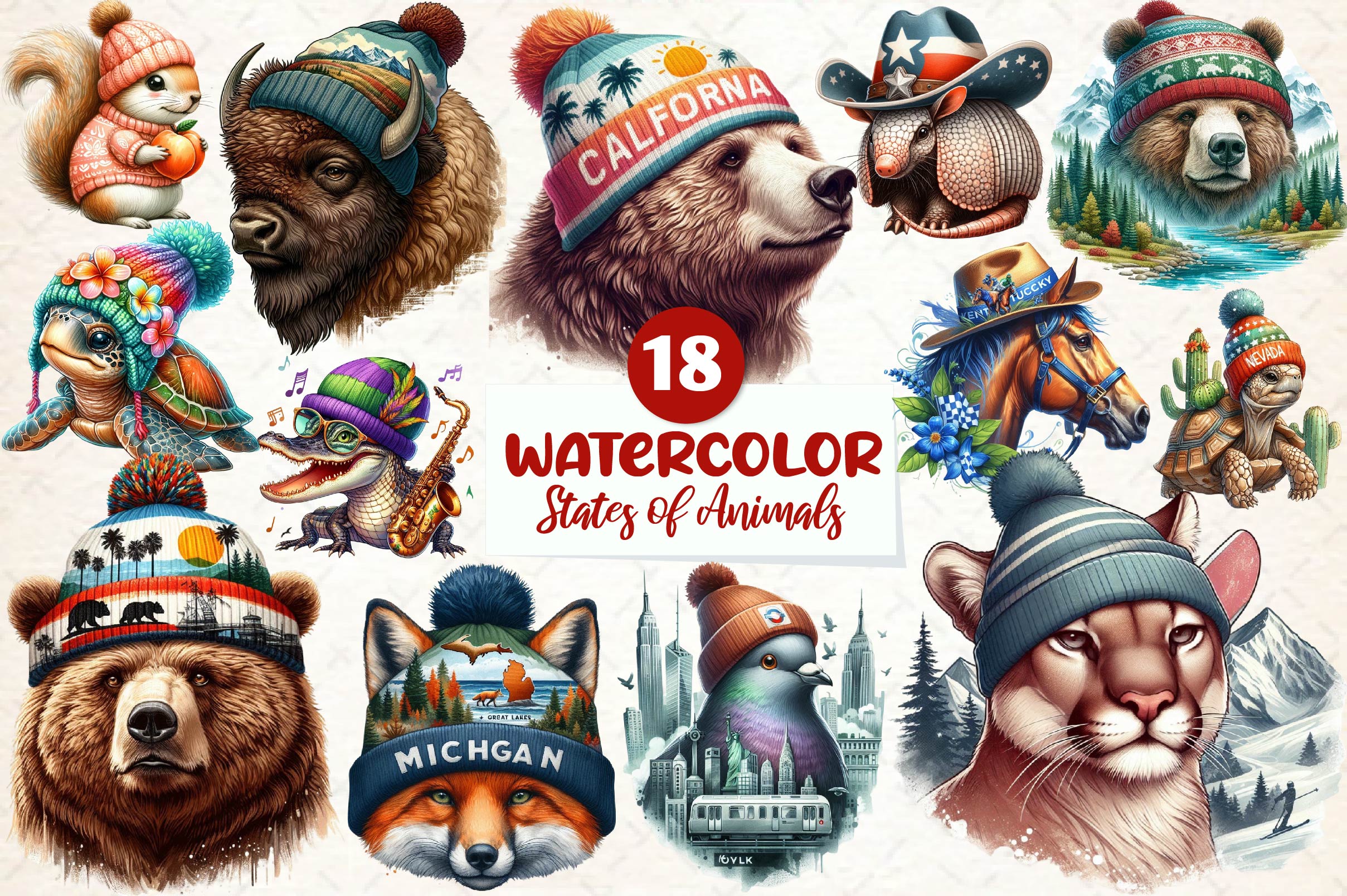 States Of Animals Wearing Knit Beanies Clipart Bundle