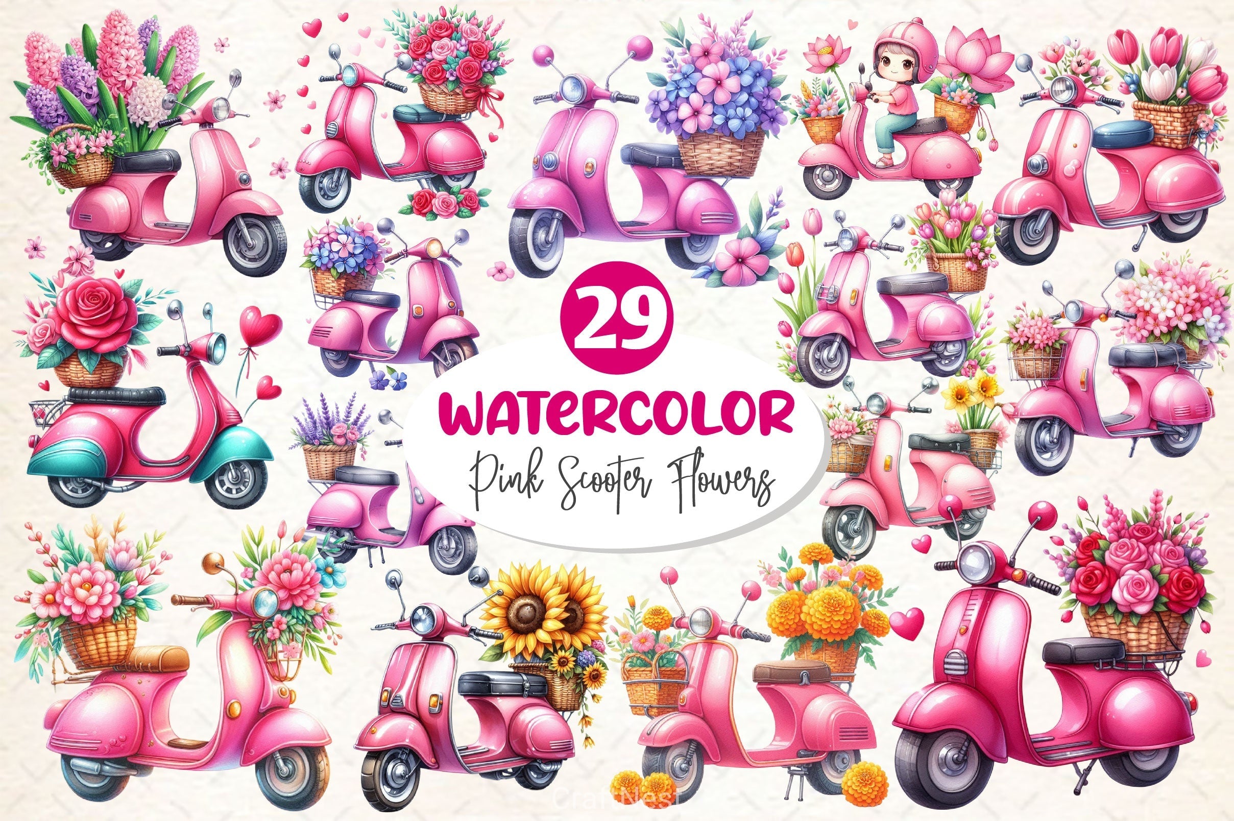 Pink Scooter Flowers Clipart Bundle