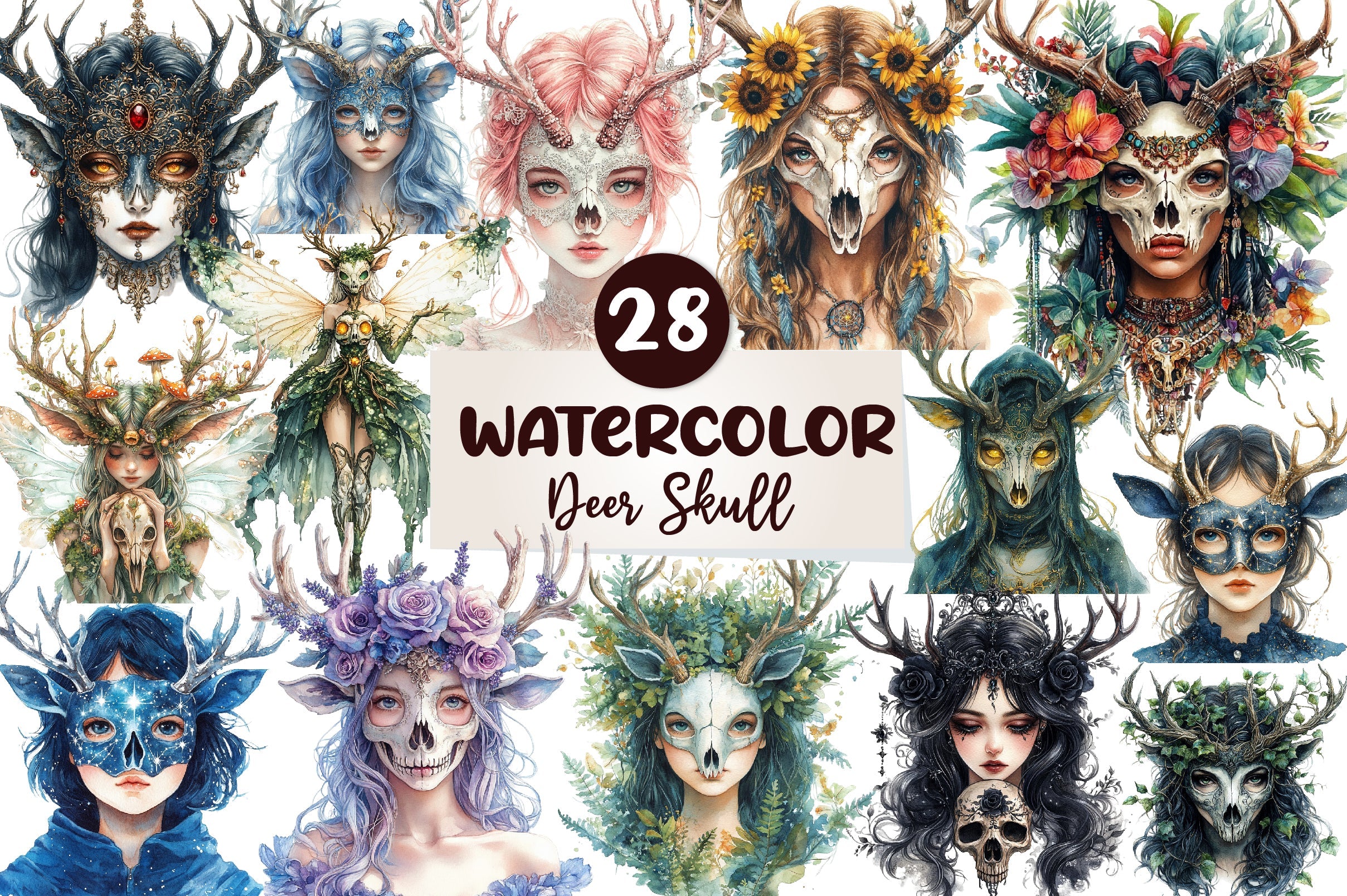 Deer Skull Mask Girls Clipart Bundle