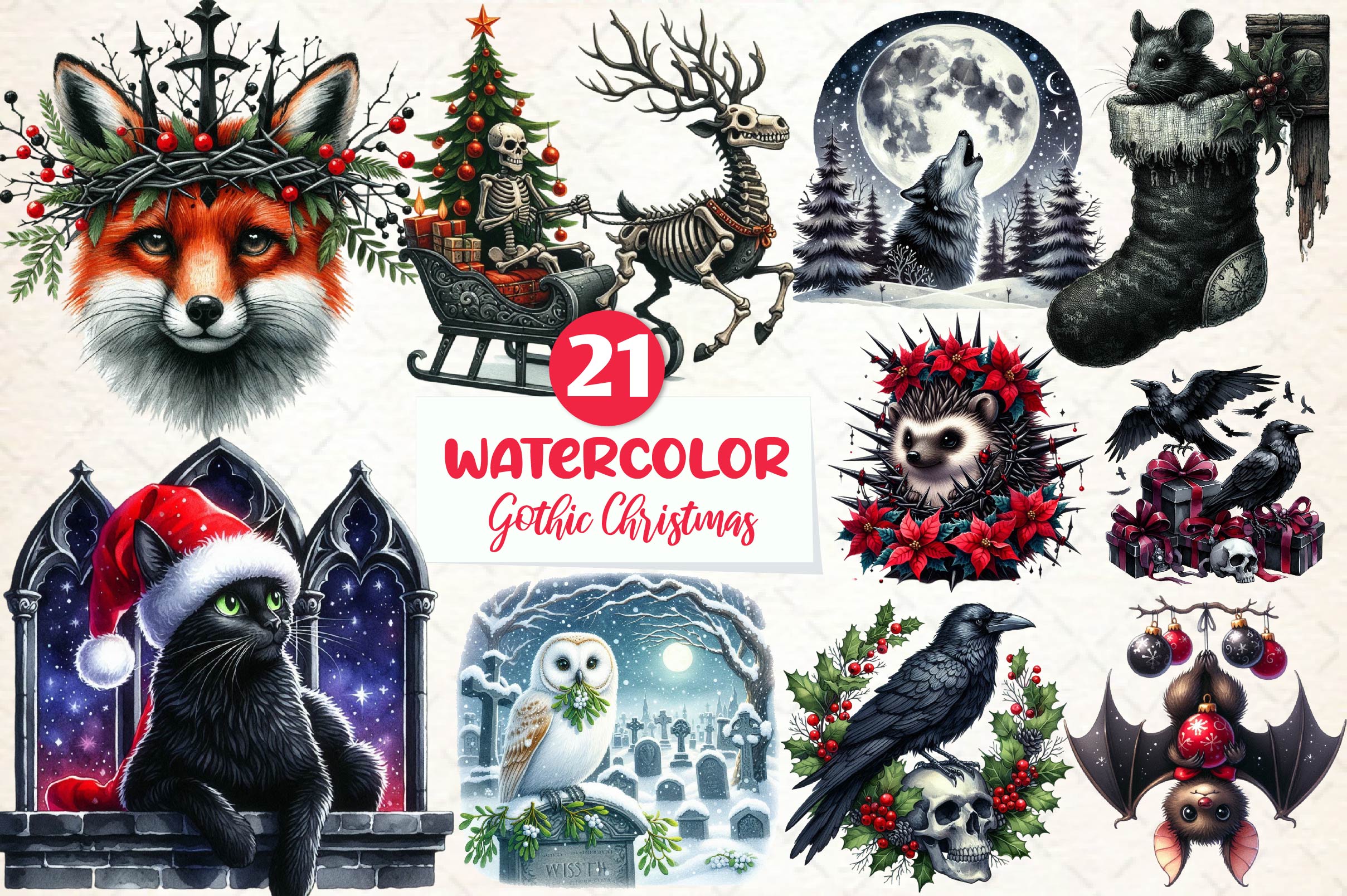 Christmas Gothic Animals Clipart Bundle