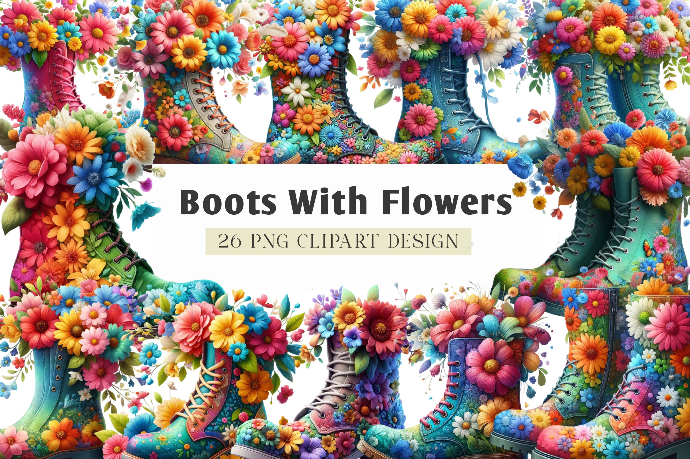 Boots With Spring Flowers Clipart Bundle