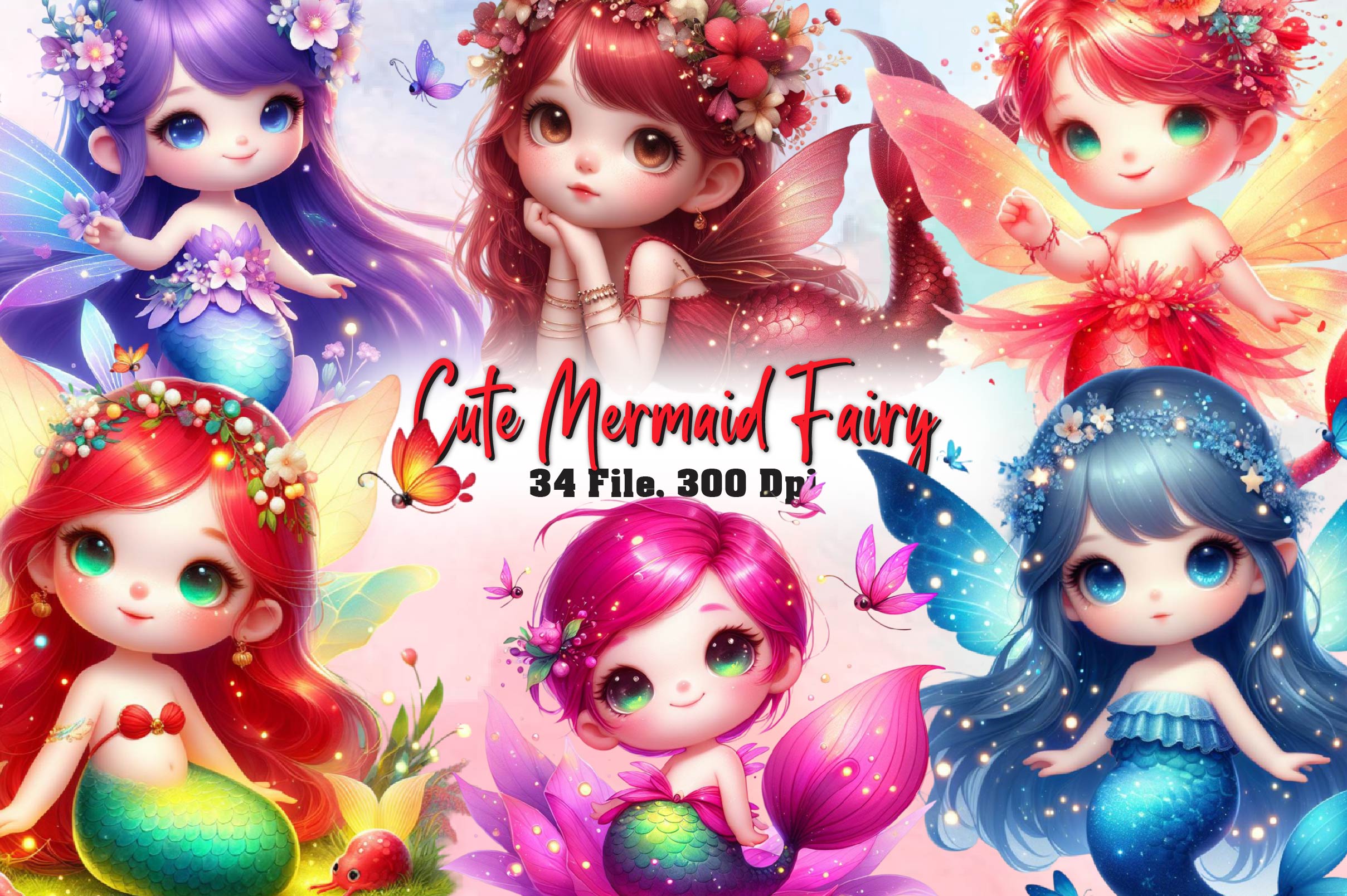 Cute Mermaid Fairy Clipart Bundle