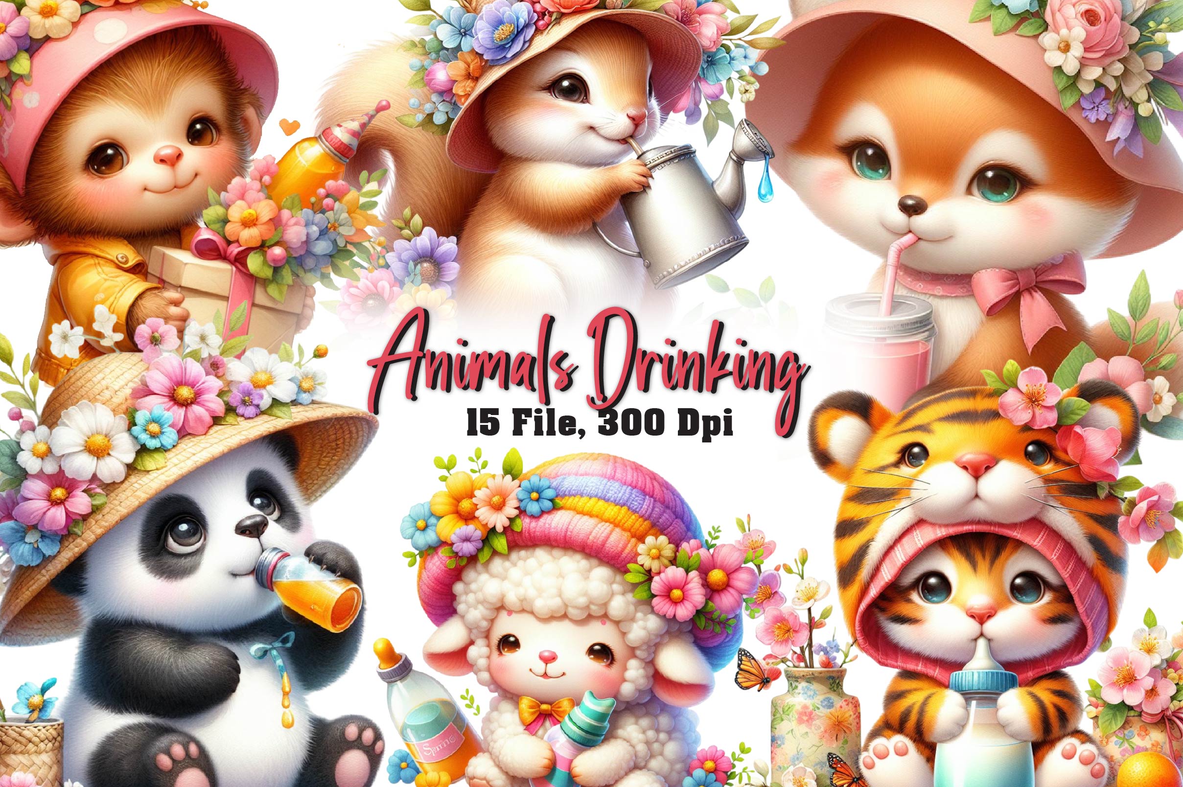 Baby Animals Drinking Clipart Bundle