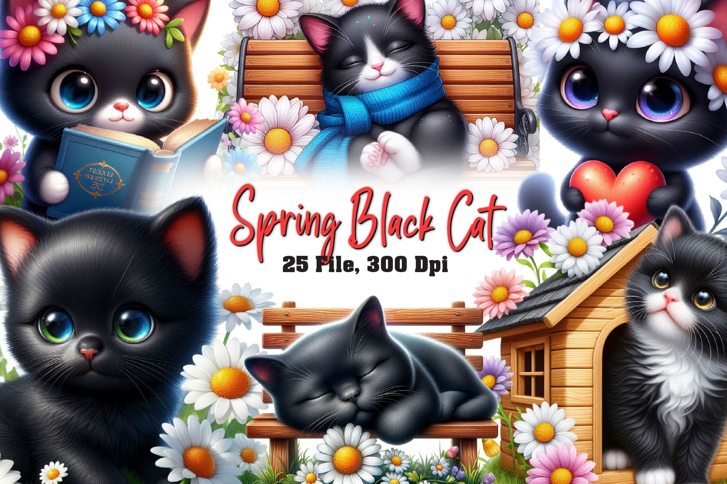 Spring Black Cat Clipart Bundle