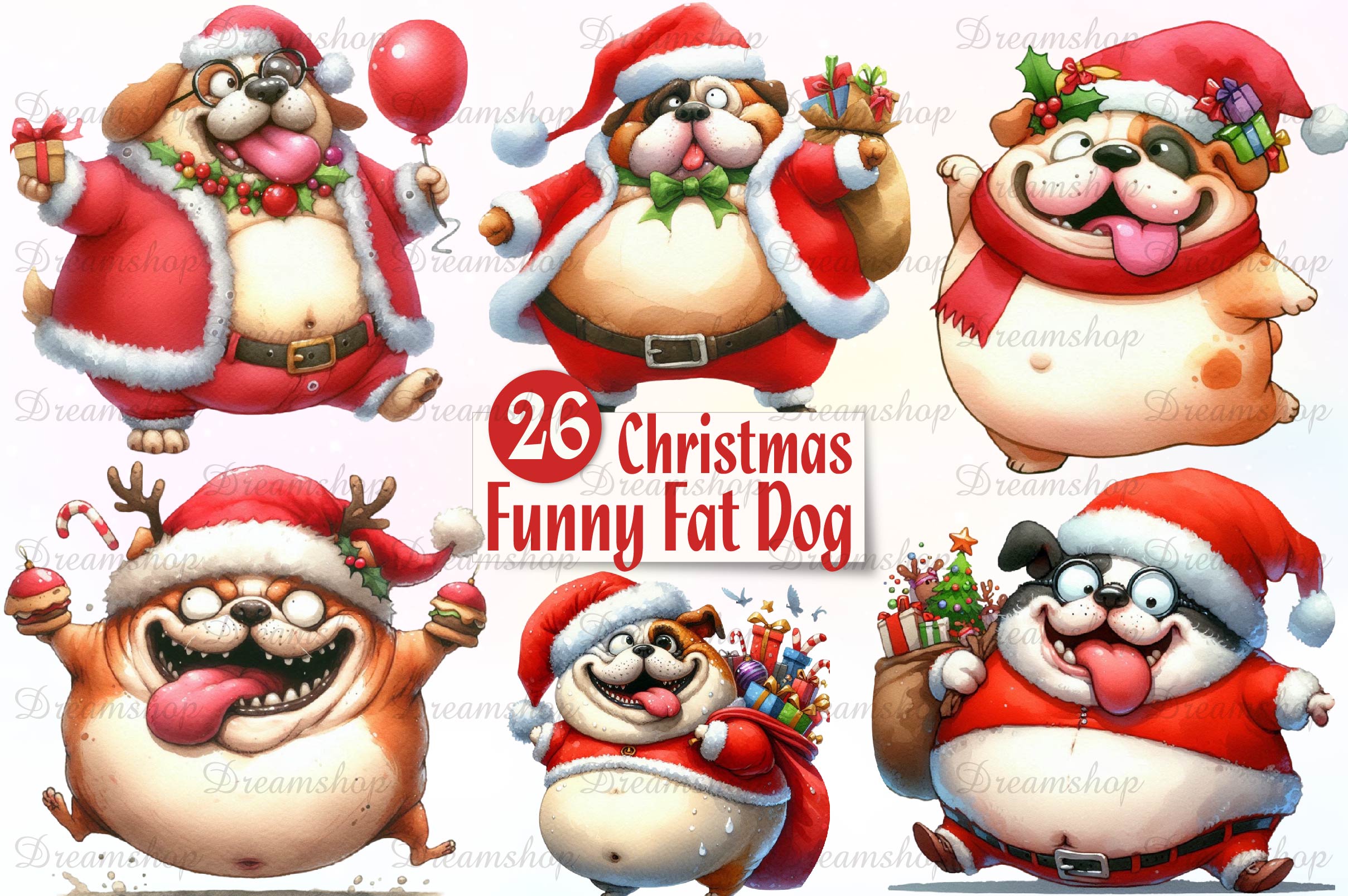 Christmas Funny Fat Dog Clipart Bundle