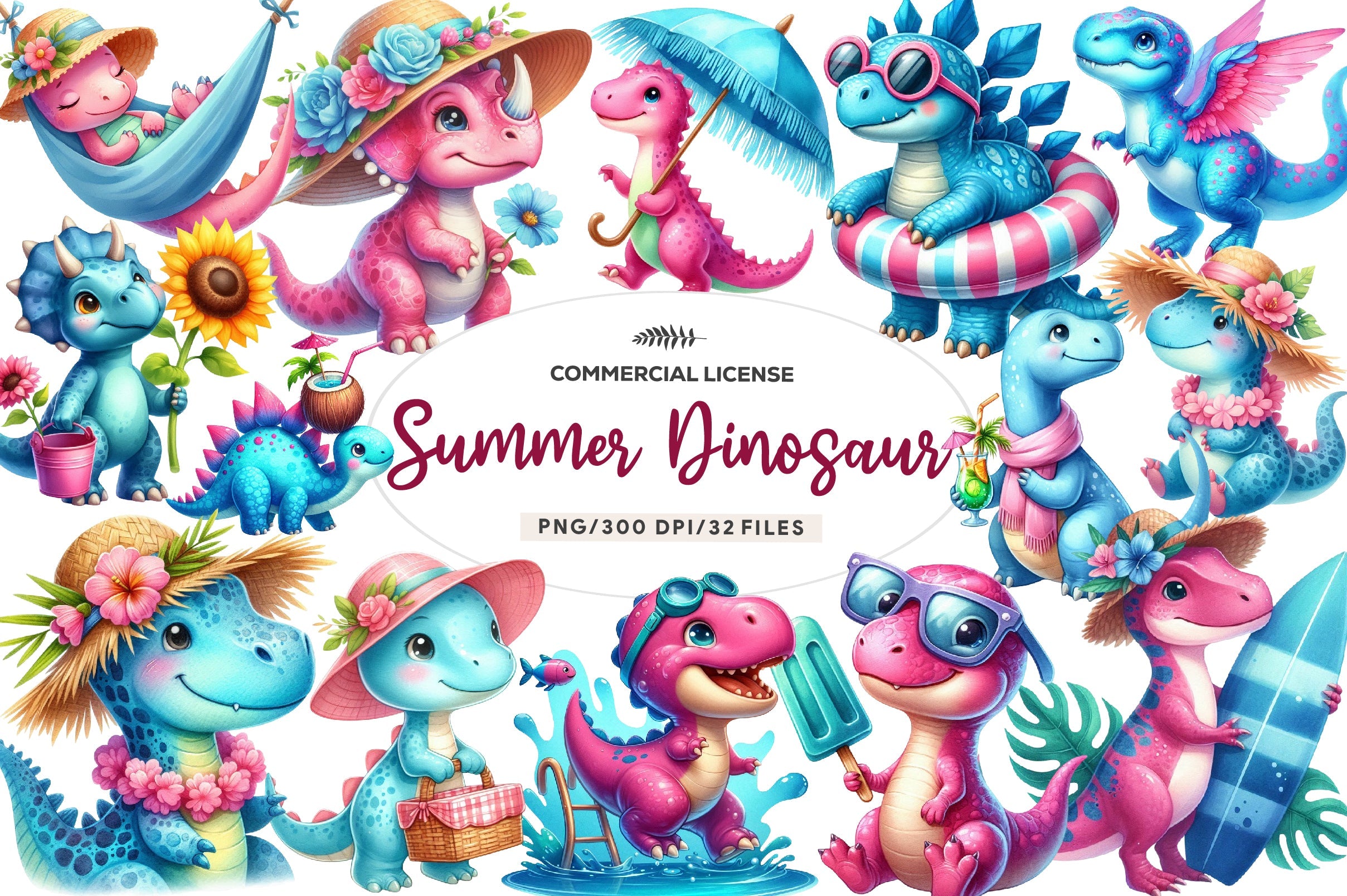 Summer Dinosaur Clipart Bundle