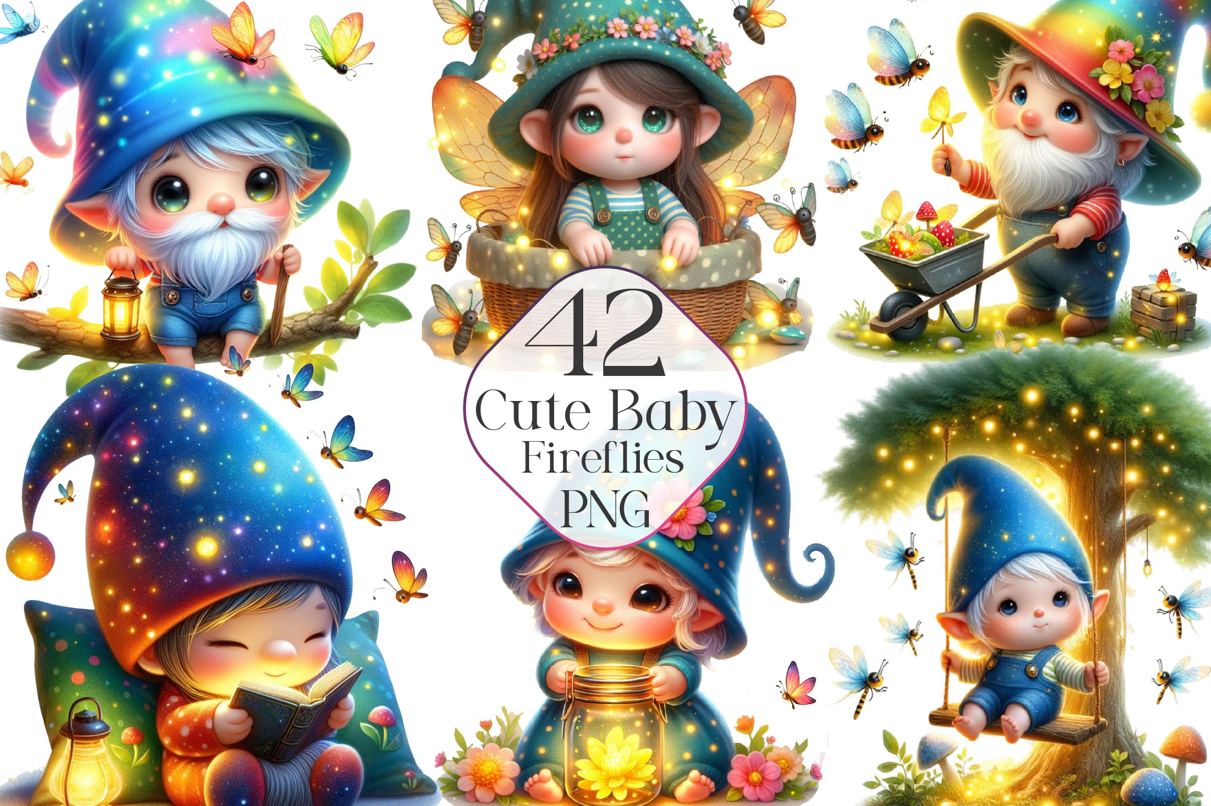 Cute Baby Fireflies Clipart Bundle