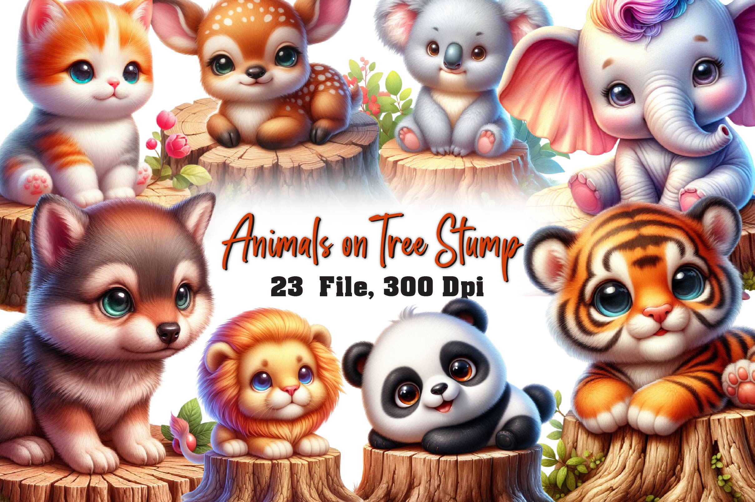 Cute Animals On Tree Stump Clipart Bundle