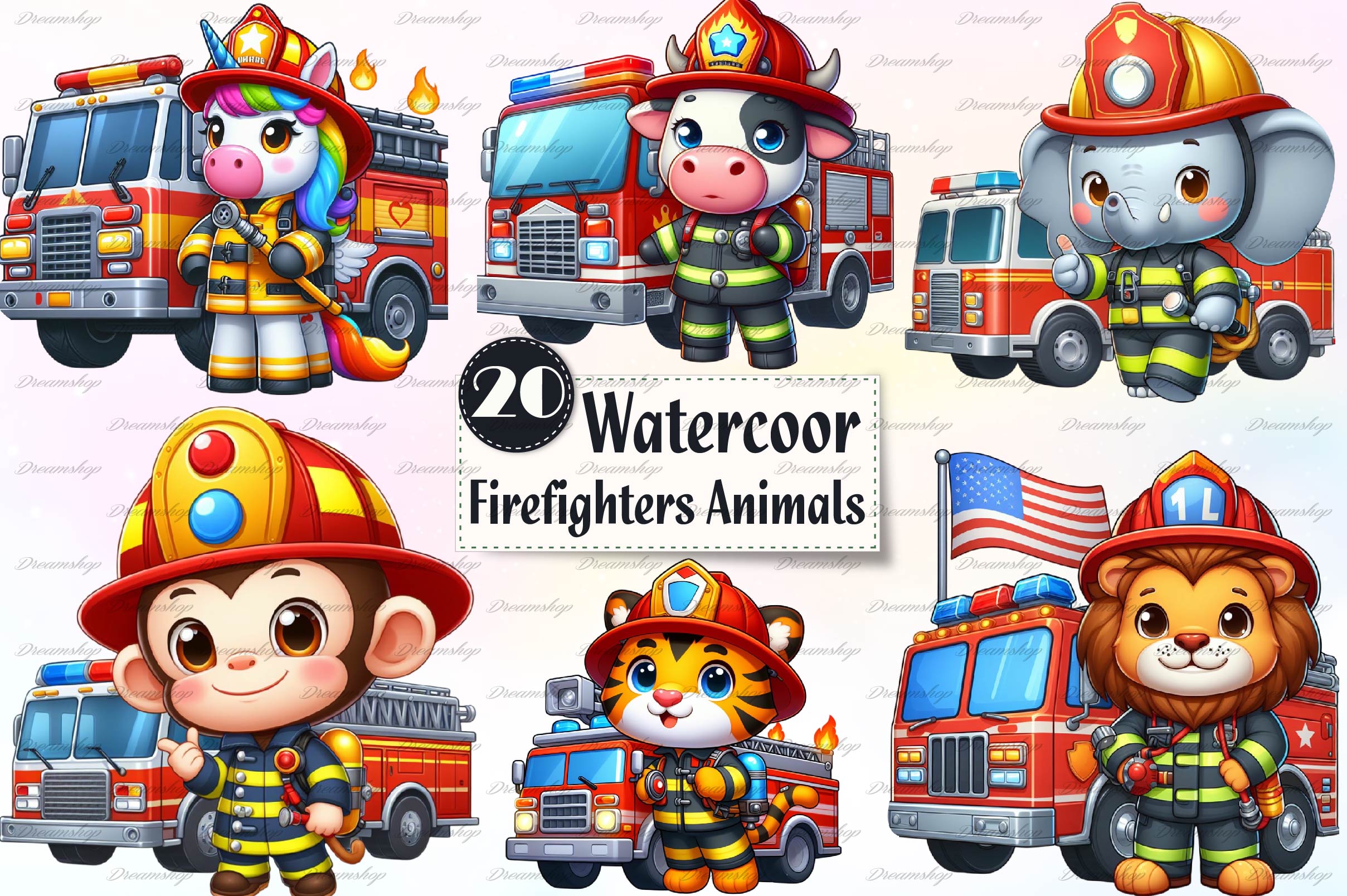 Cute Firefighters Animals Clipart Bundle