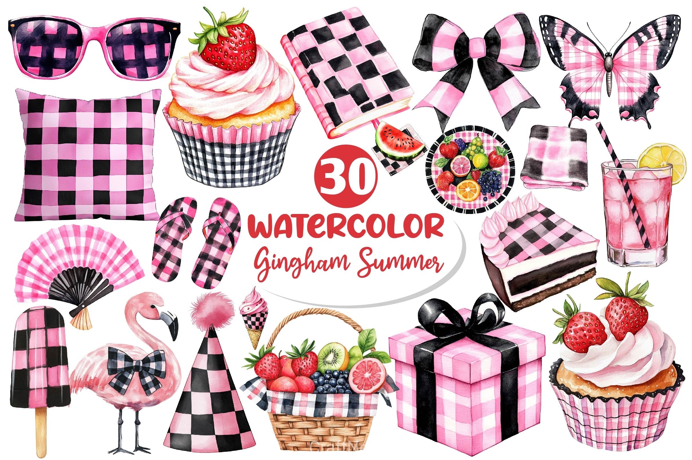 Black And Pink Gingham Summer Clipart Bundle