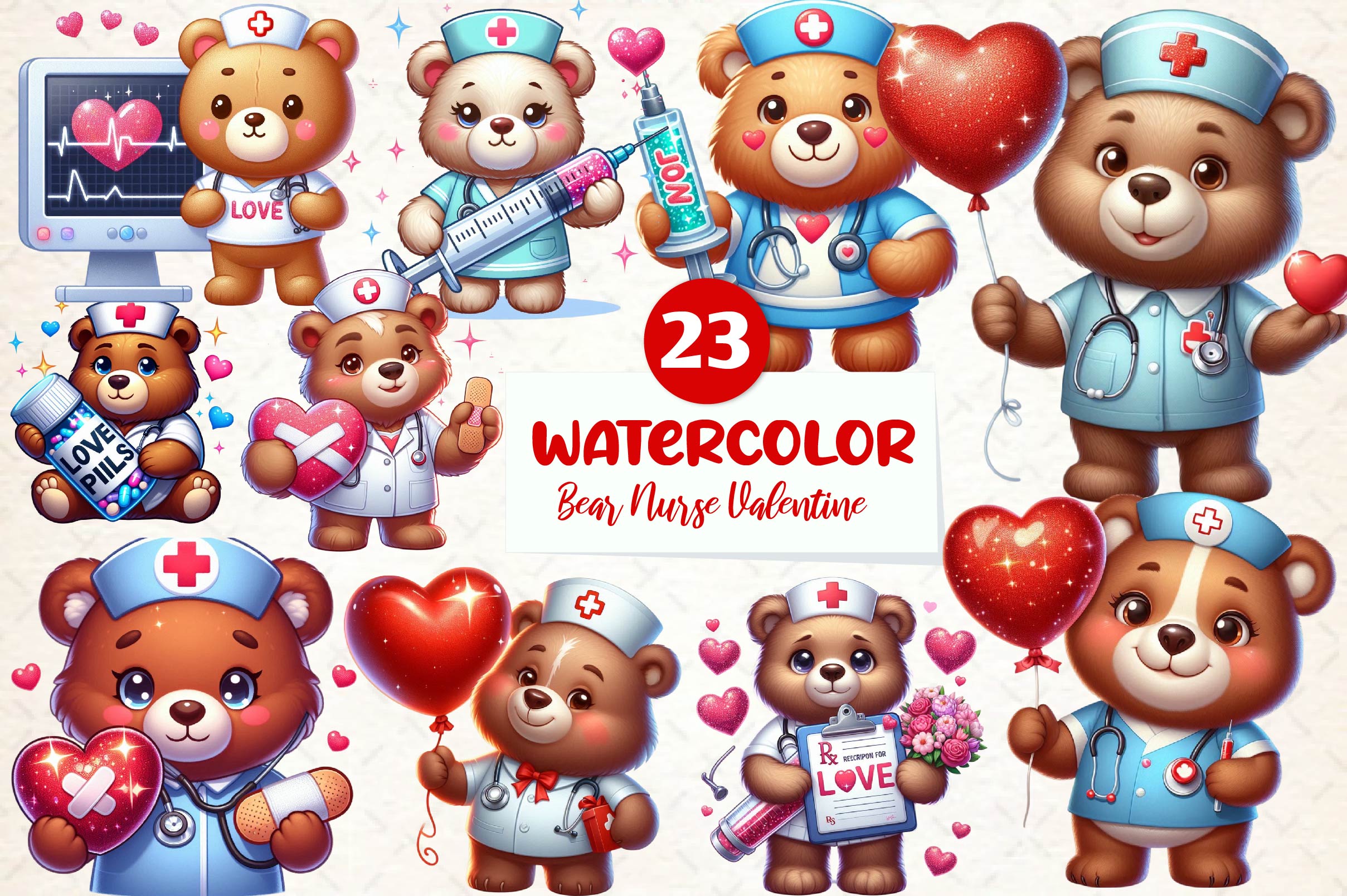 Bear Nurse Valentine Clipart Bundle