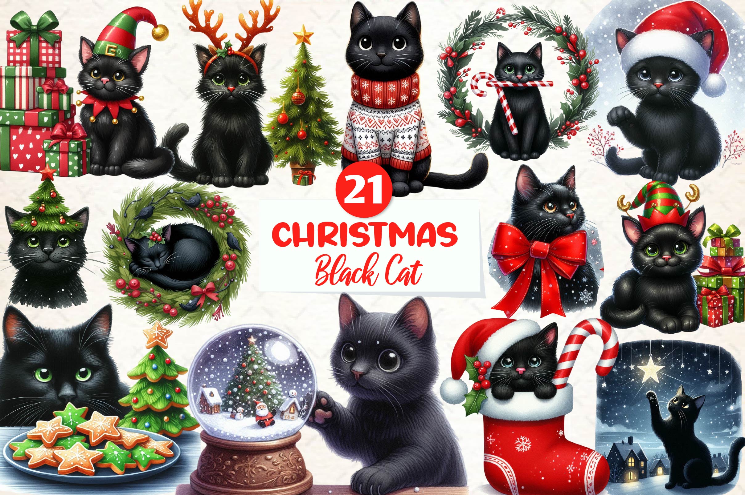 Black Cat Christmas Clipart Bundle