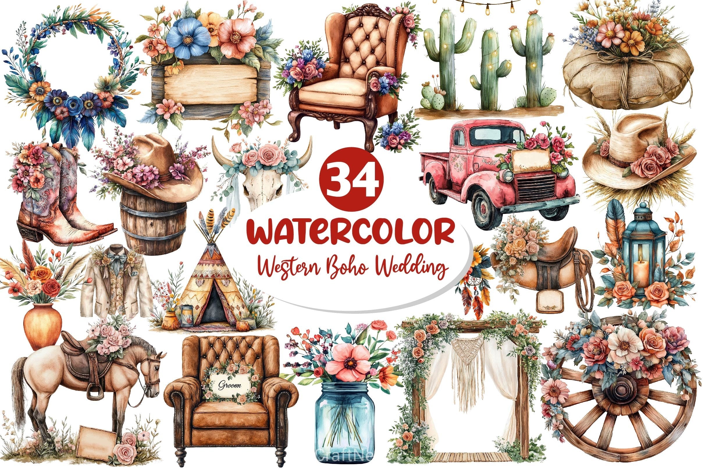 Western Boho Wedding Clipart Bundle 3