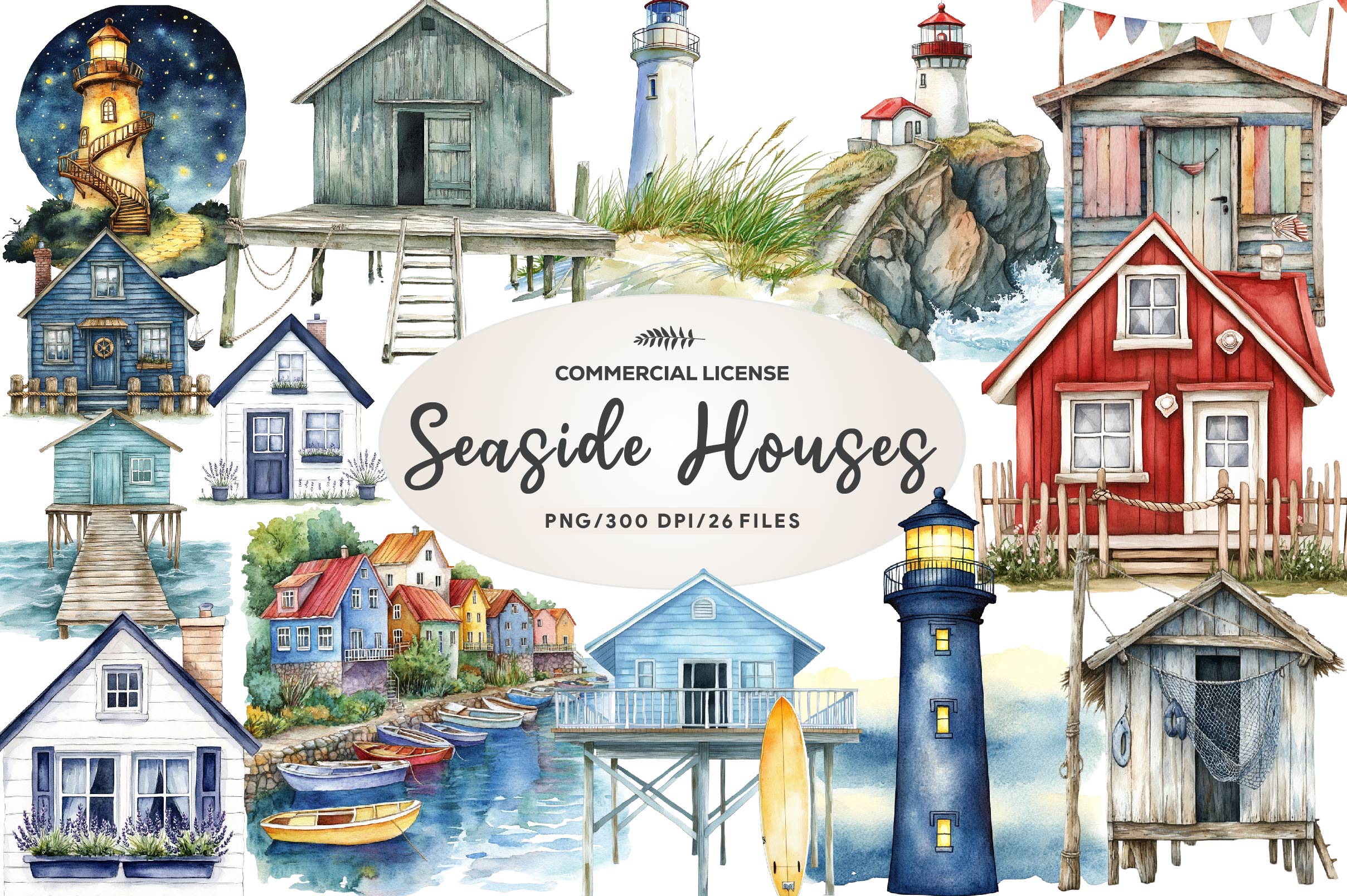 Seaside Houses And Lighthouses Clipart Bundle