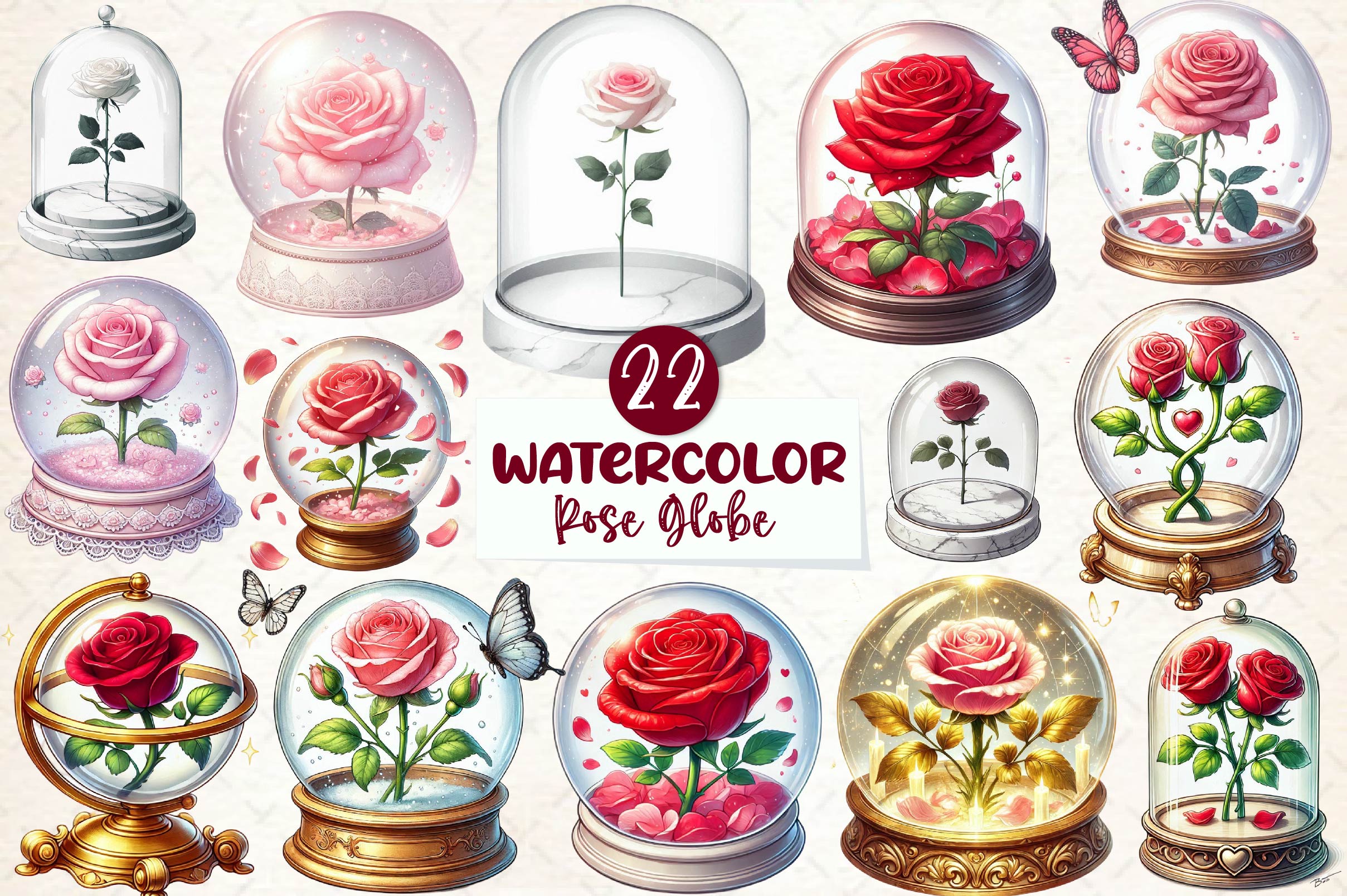 Valentine Rose Globe Clipart Bundle