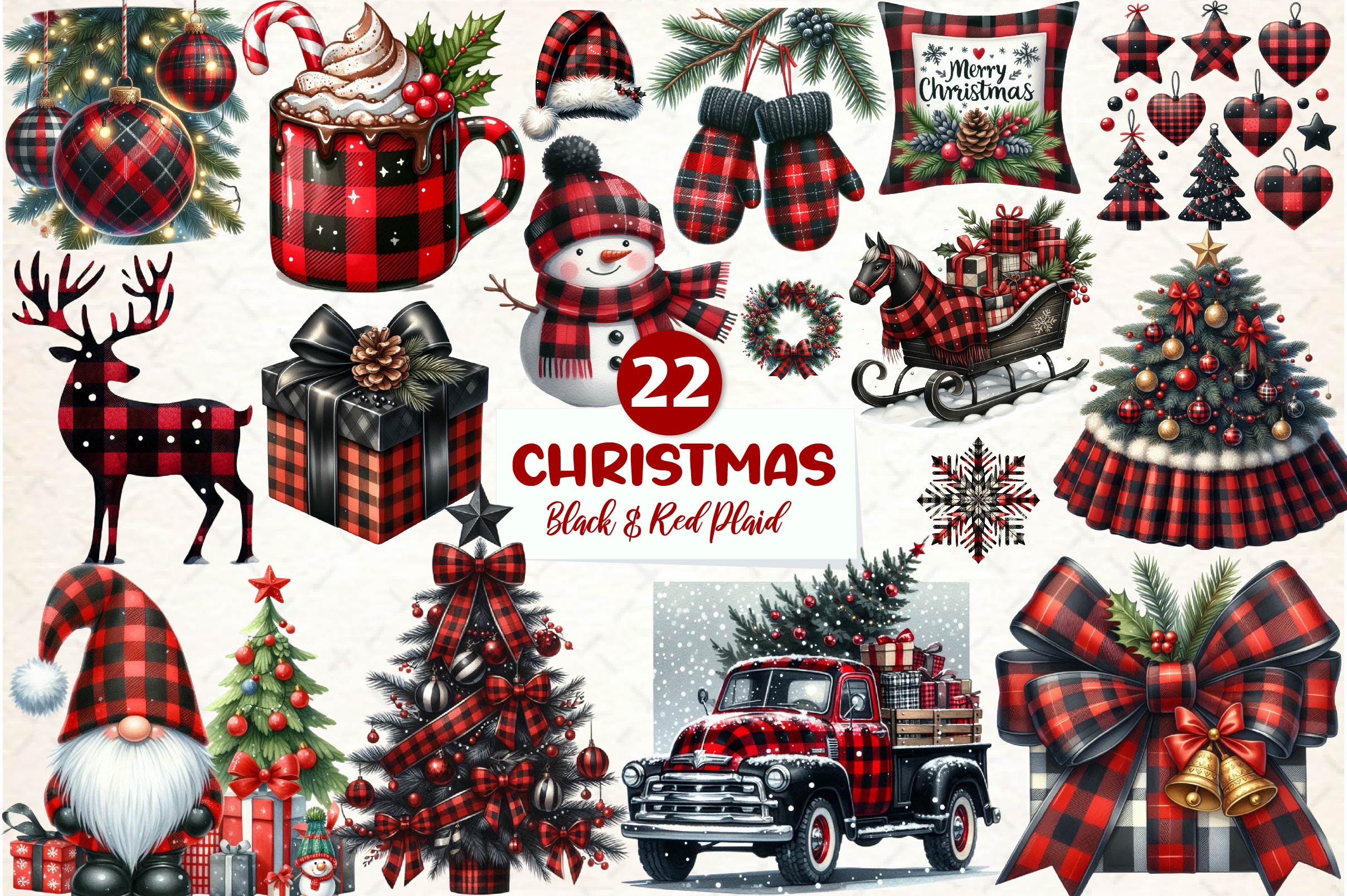Black & Red Plaid Christmas Clipart Bundle