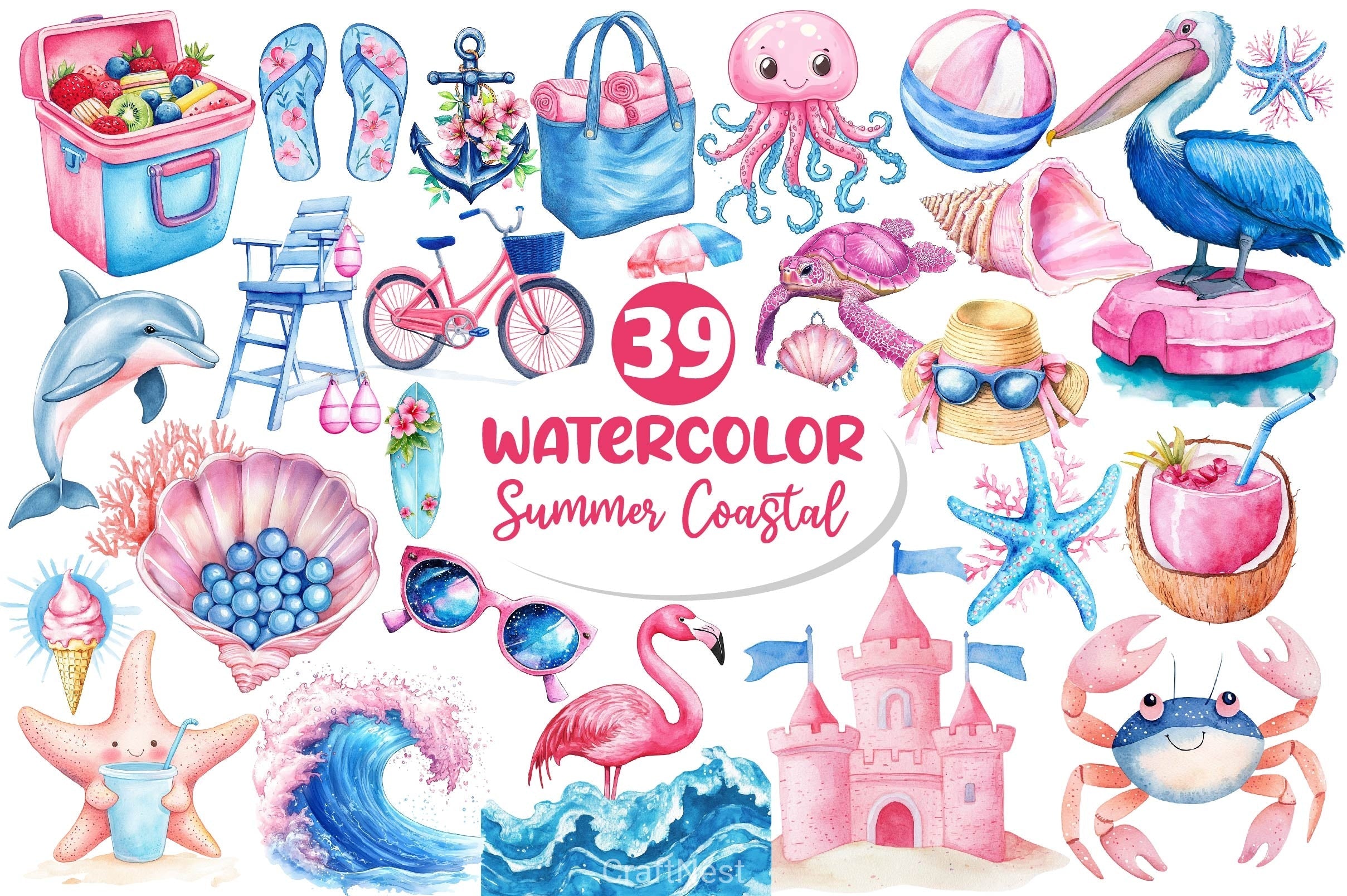 Summer Pink Blue Coastal Clipart Bundle 2