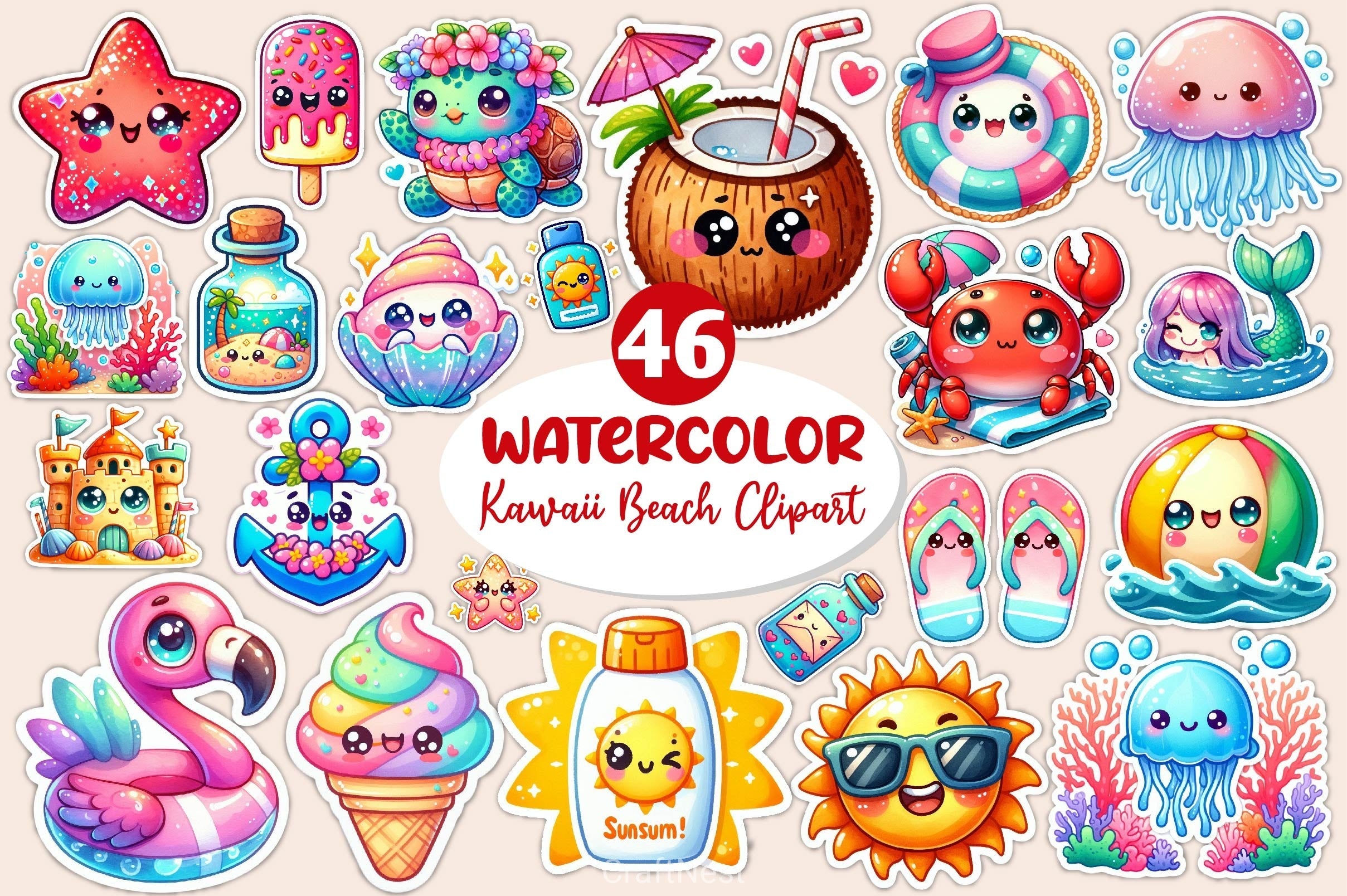 Kawaii Beach Clipart Bundle
