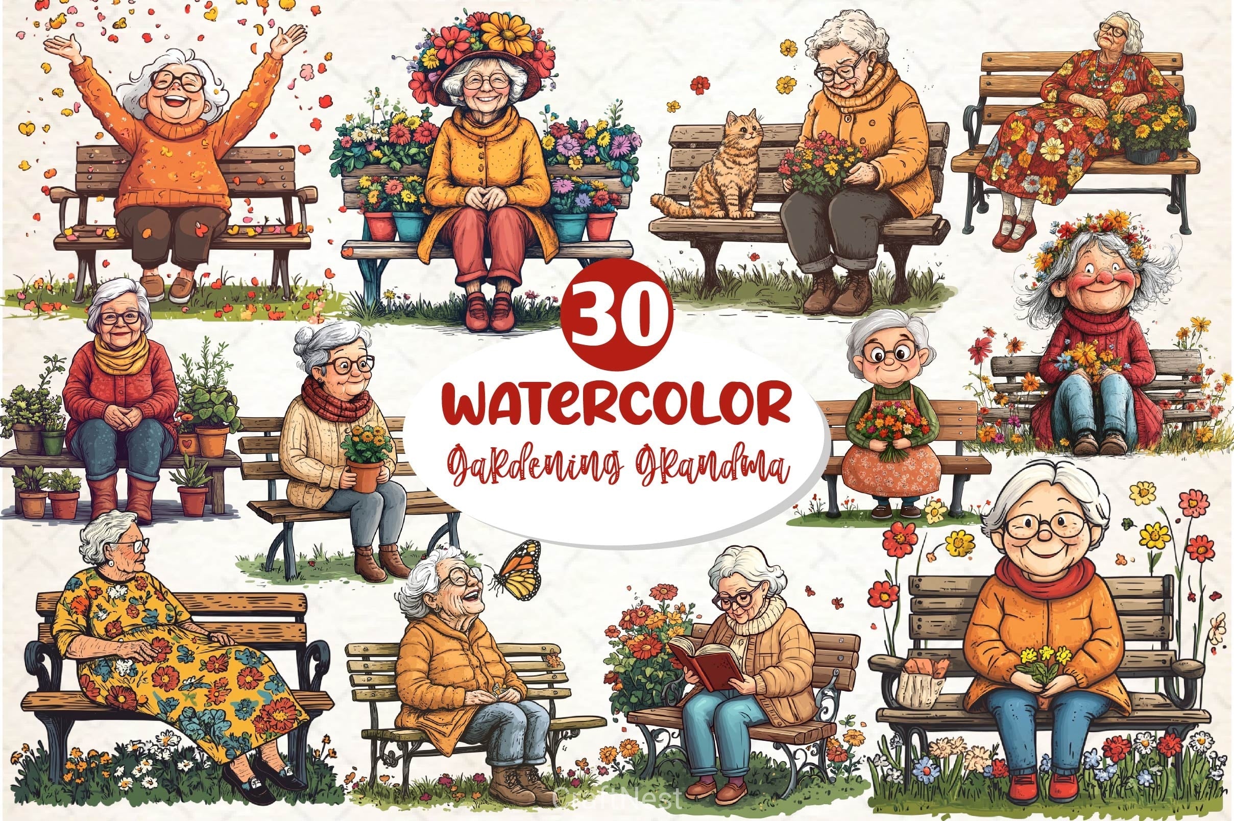 Gardening Grandma With Flowers Clipart Bundle 2