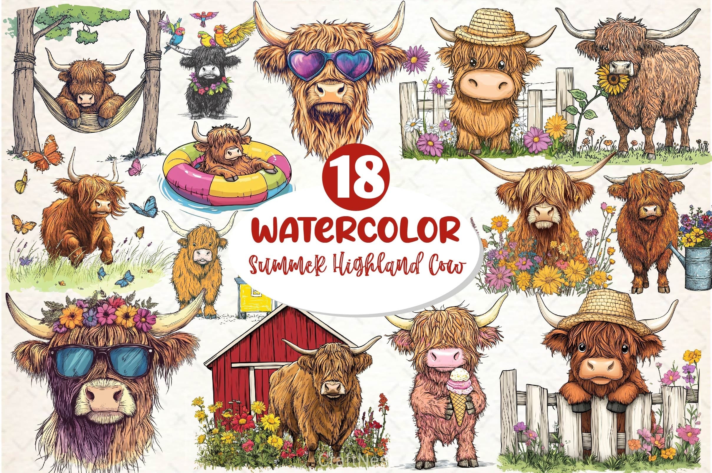Summer Highland Cow Clipart Bundle 3