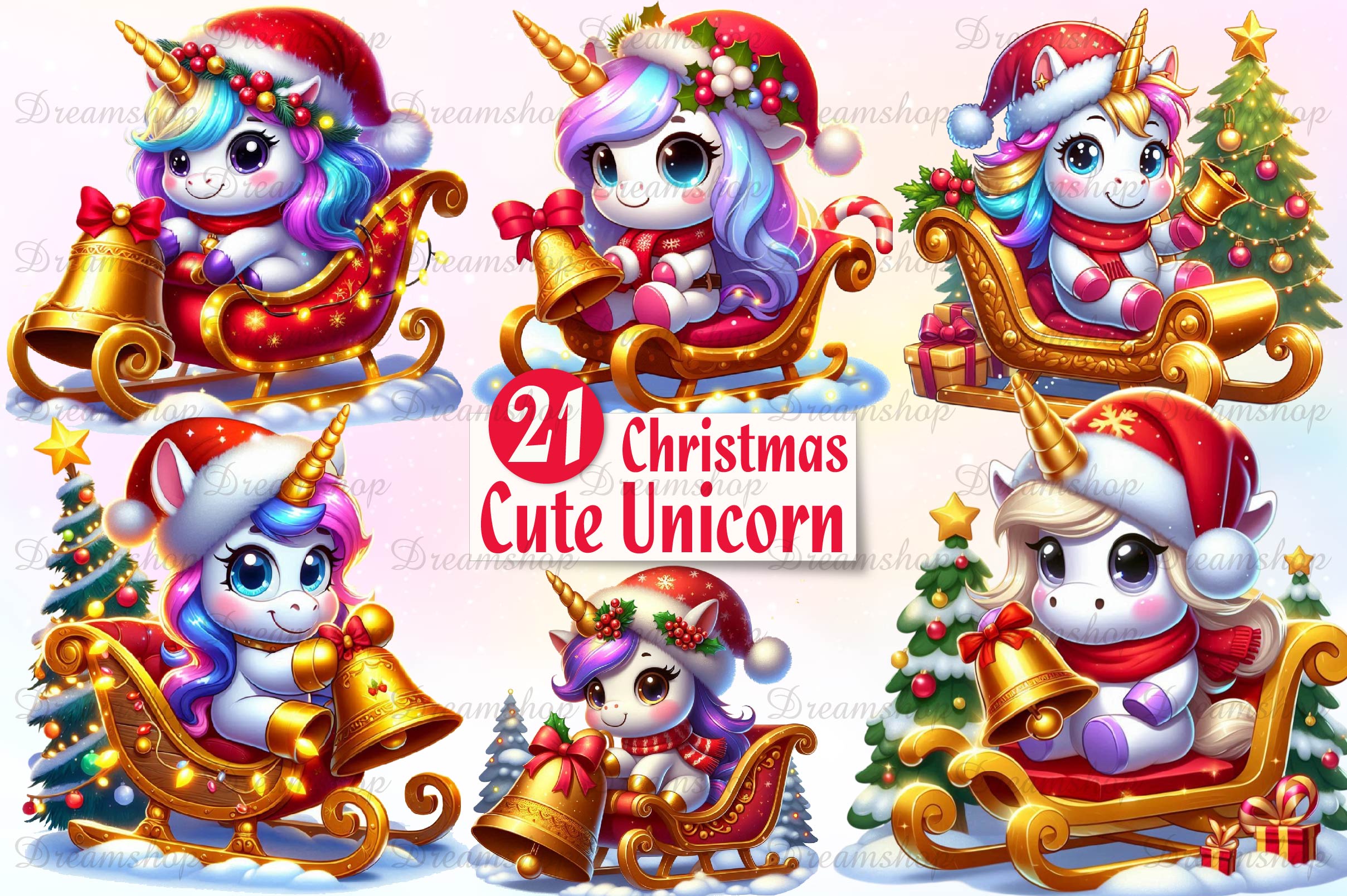 Christmas Cute Unicorn Clipart Bundle