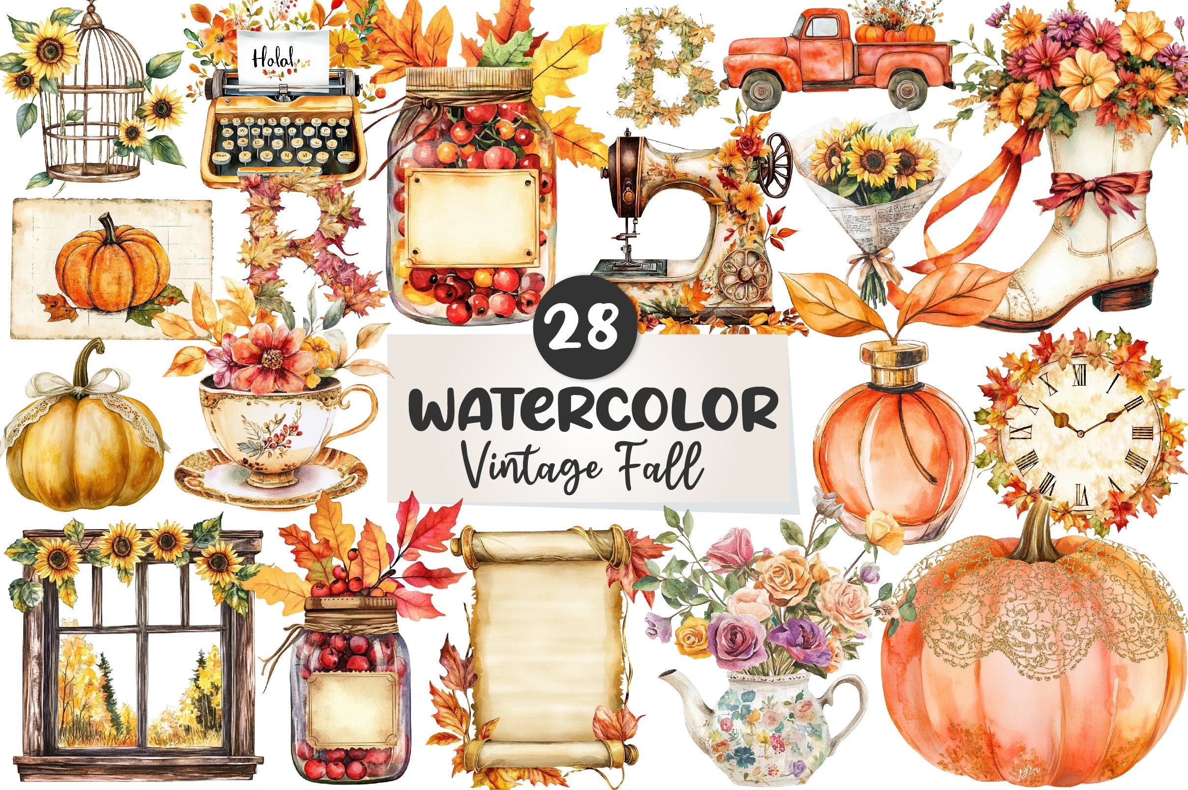 Beautiful Vintage Fall Clipart Bundle