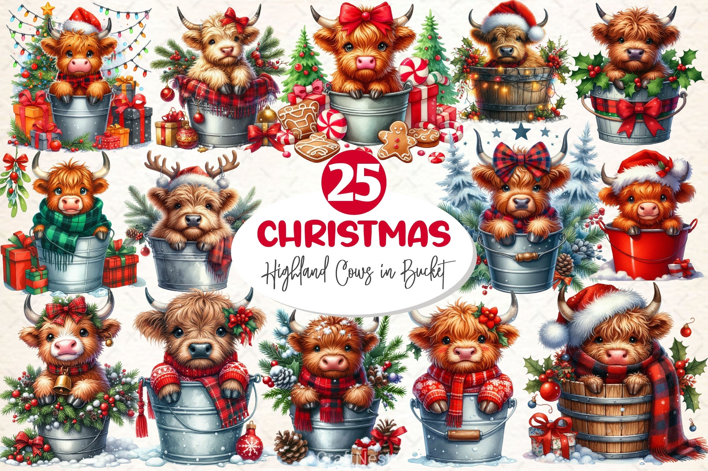 Christmas Highland Cows In Bucket Clipart Bundle
