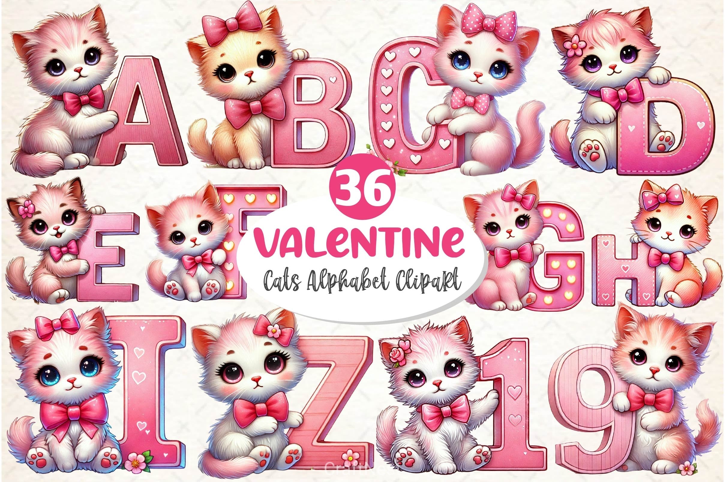 Valentine Cats Alphabet Clipart Bundle