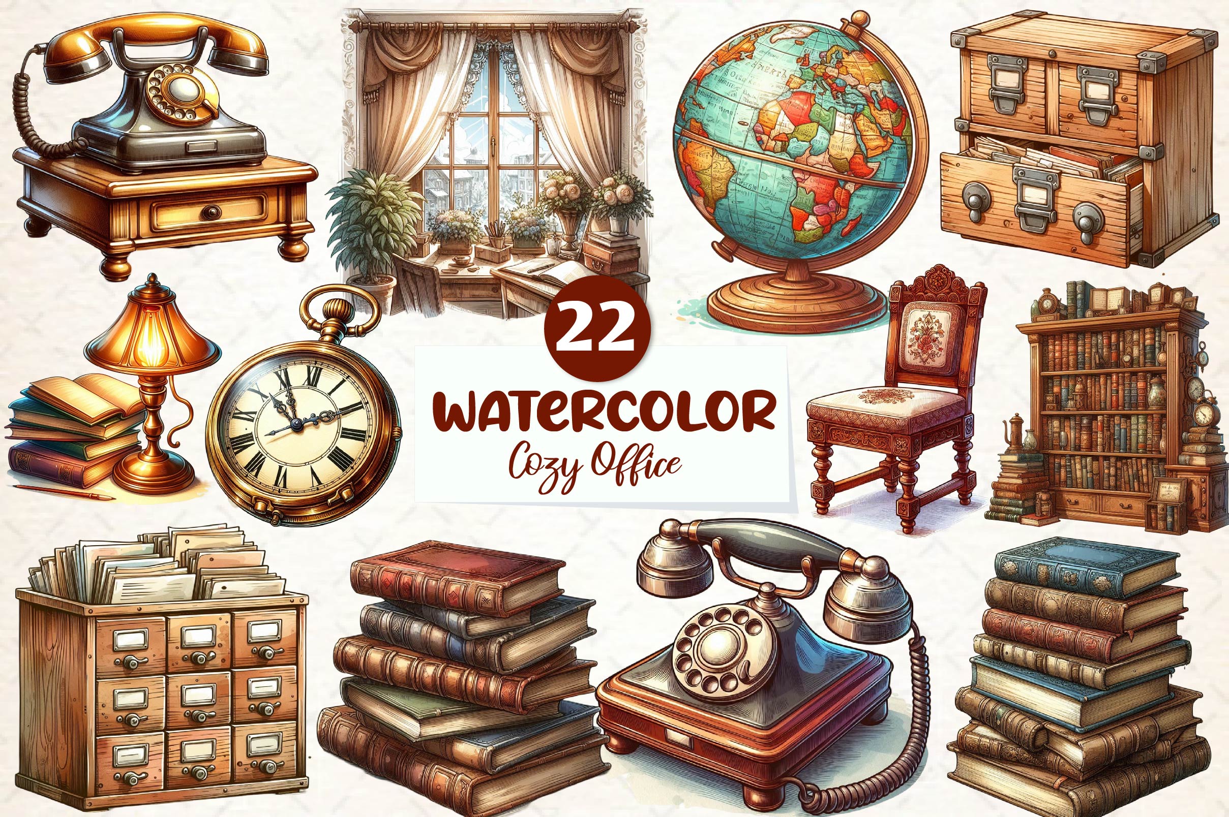Antique Cozy Office Clipart Bundle