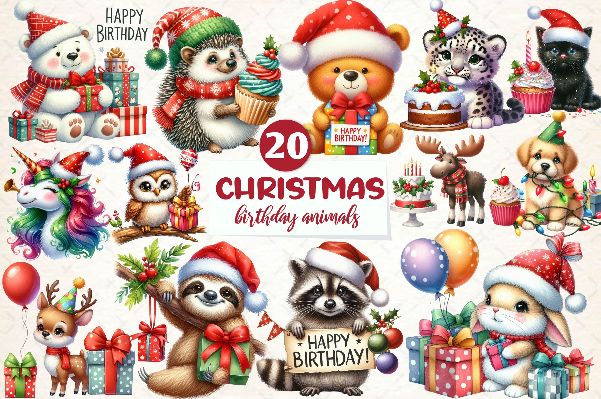 Christmas Birthday Animals Clipart Bundle