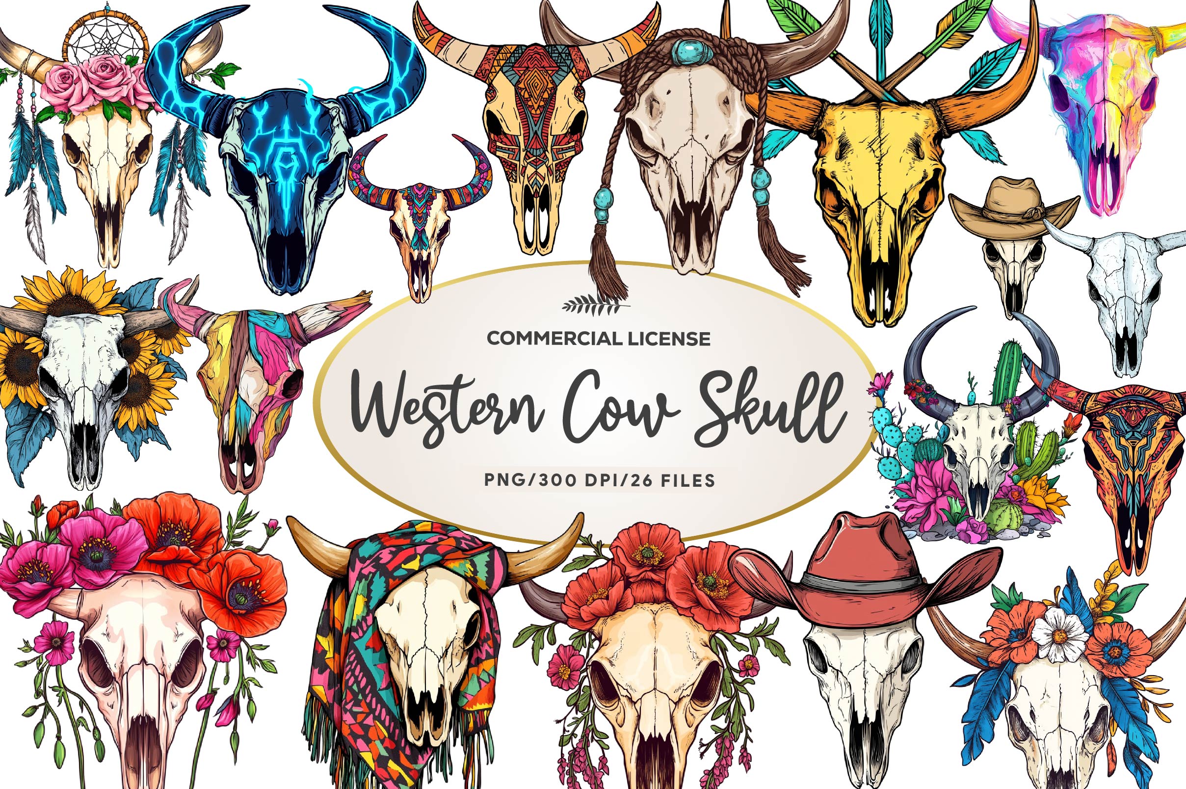 Western Cow Skull Clipart Bundle