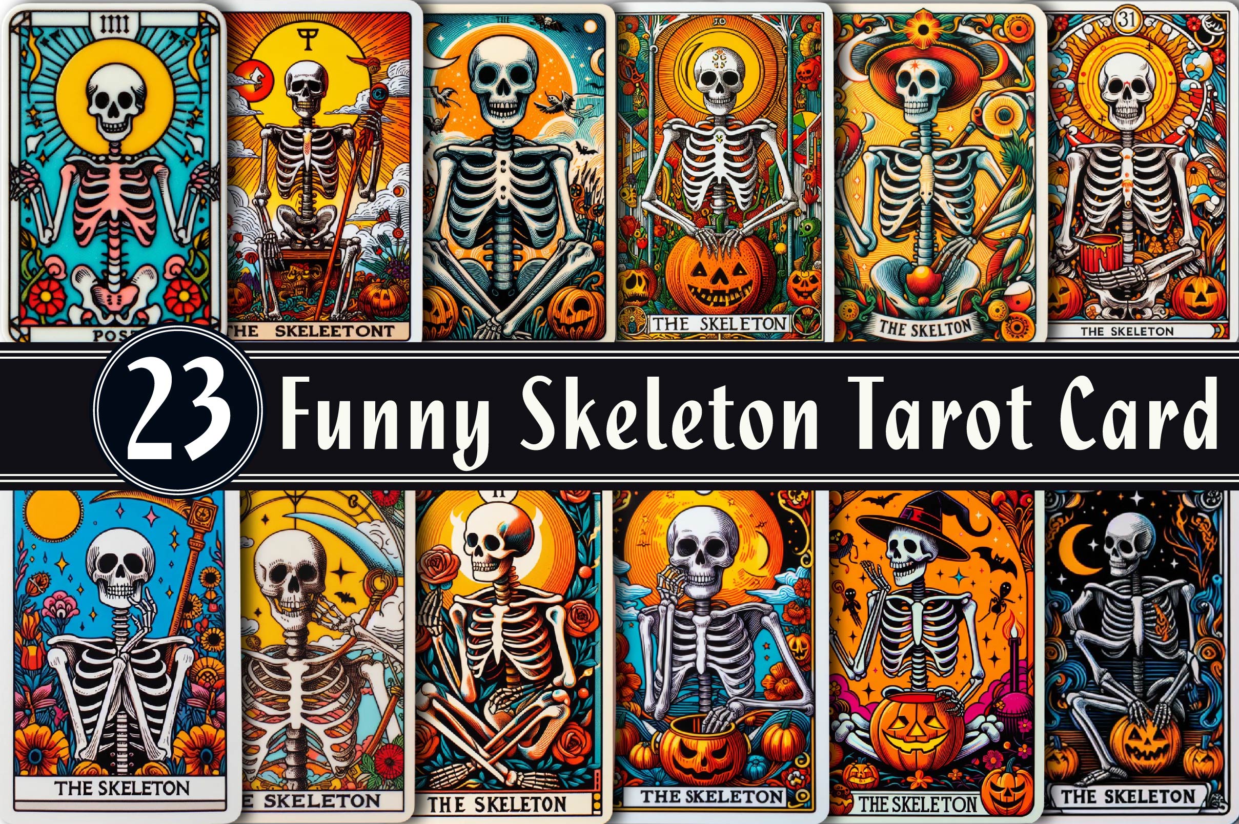Funny Skeleton Tarot Card Clipart Bundle