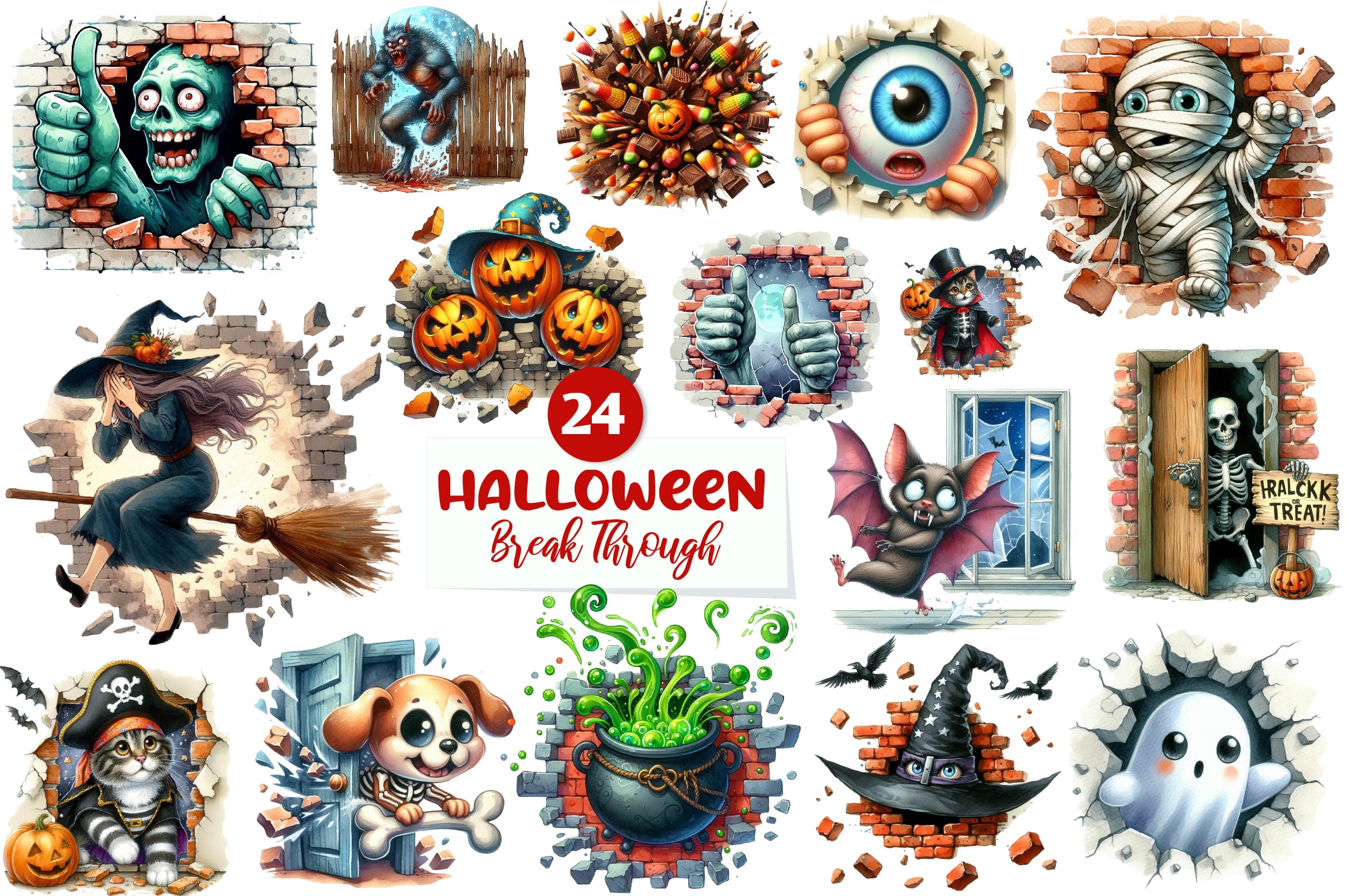 Funny Halloween Break Through Clipart Bundle