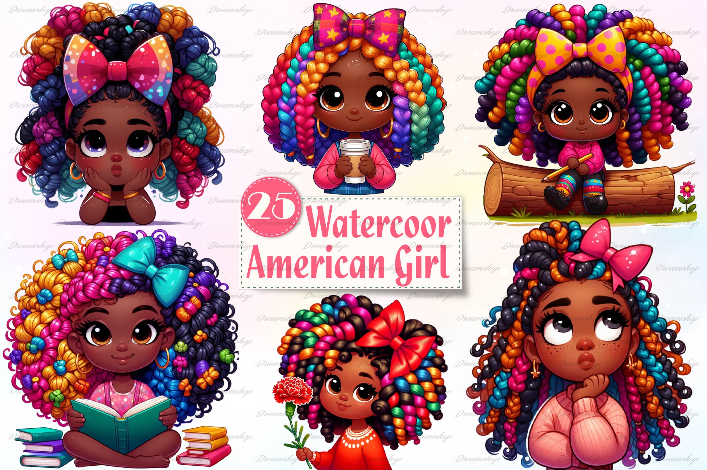 Cute African American Girl Clipart Bundle