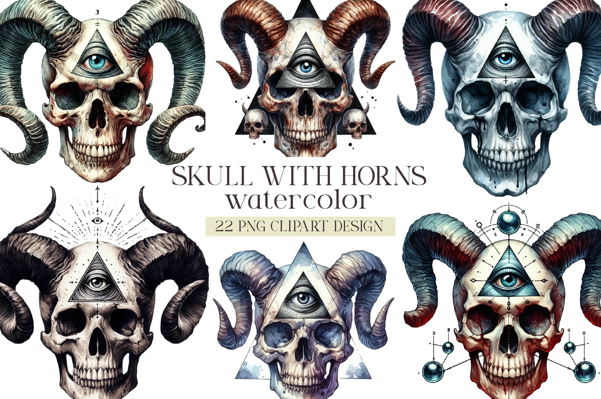 Skull With Horns Clipart Bundle 1