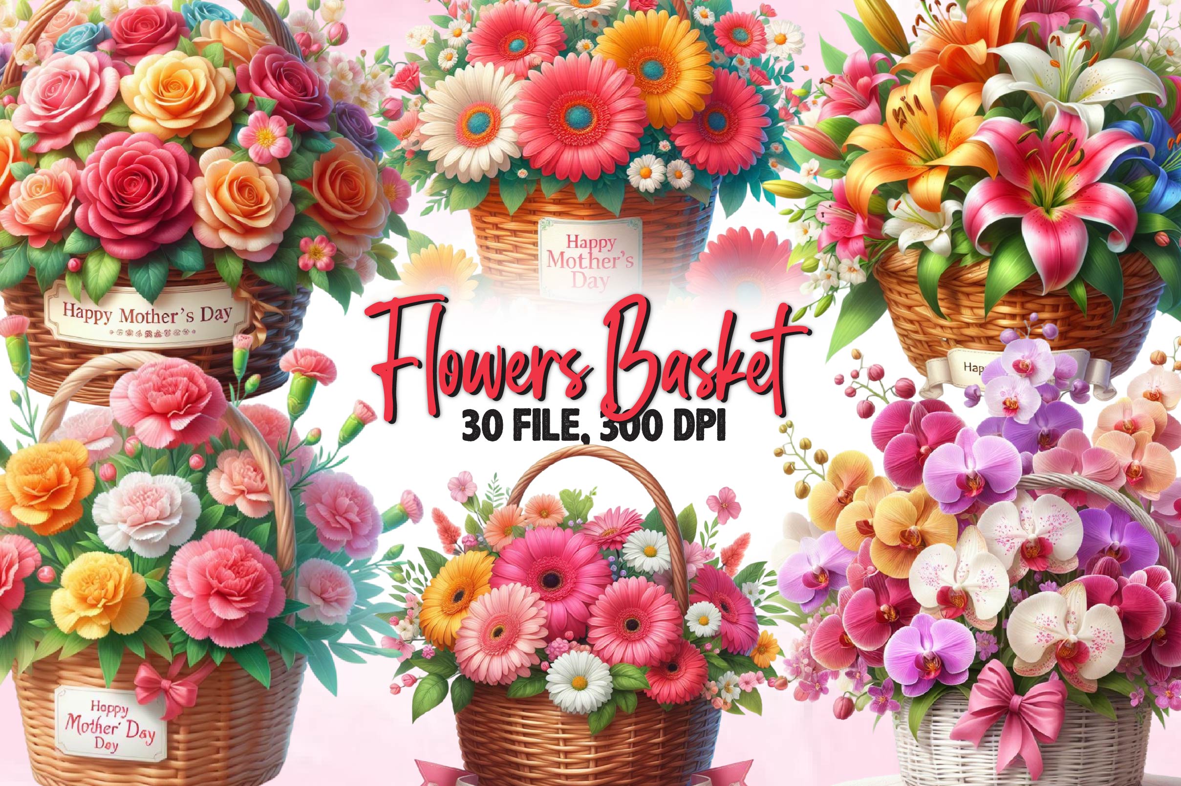Mother's Day Basket Of Flowers Clipart Bundle
