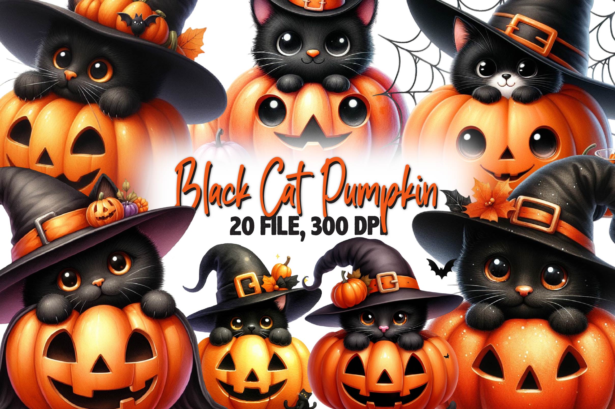 Halloween Black Cat Pumpkin Clipart Bundle