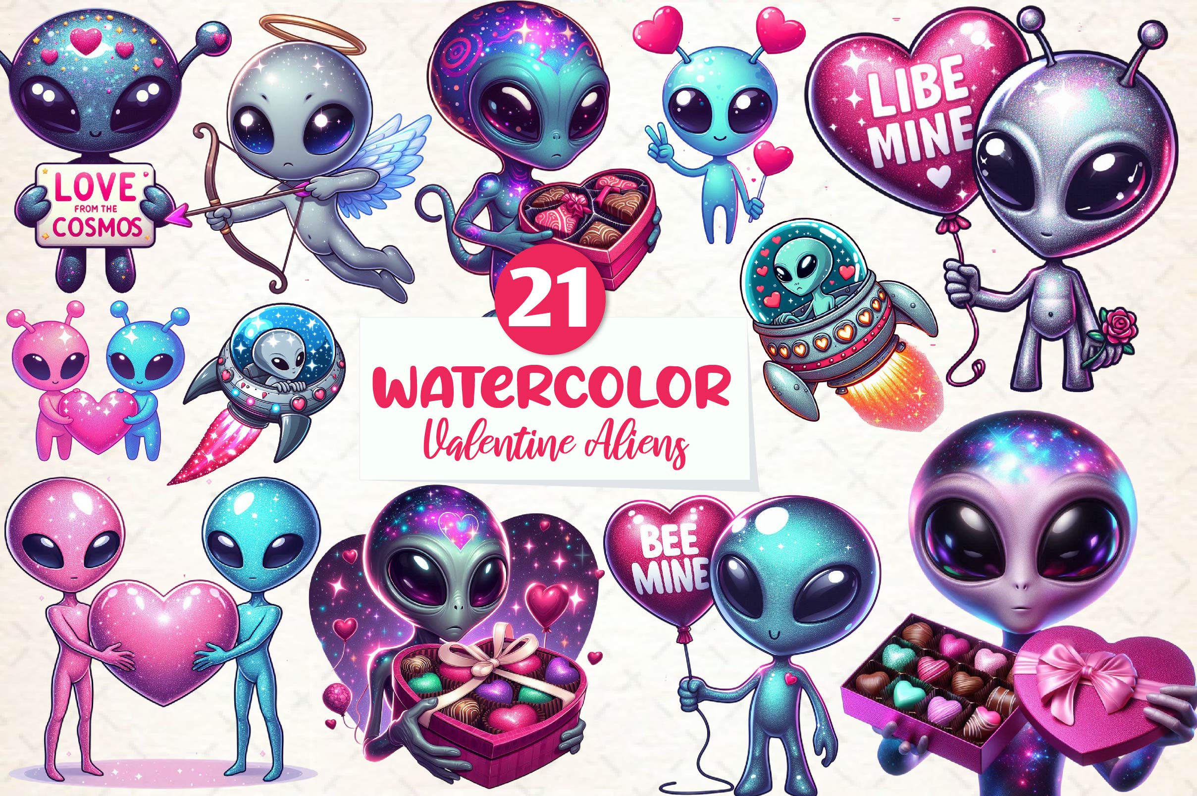 Valentines Day Aliens Clipart Bundle