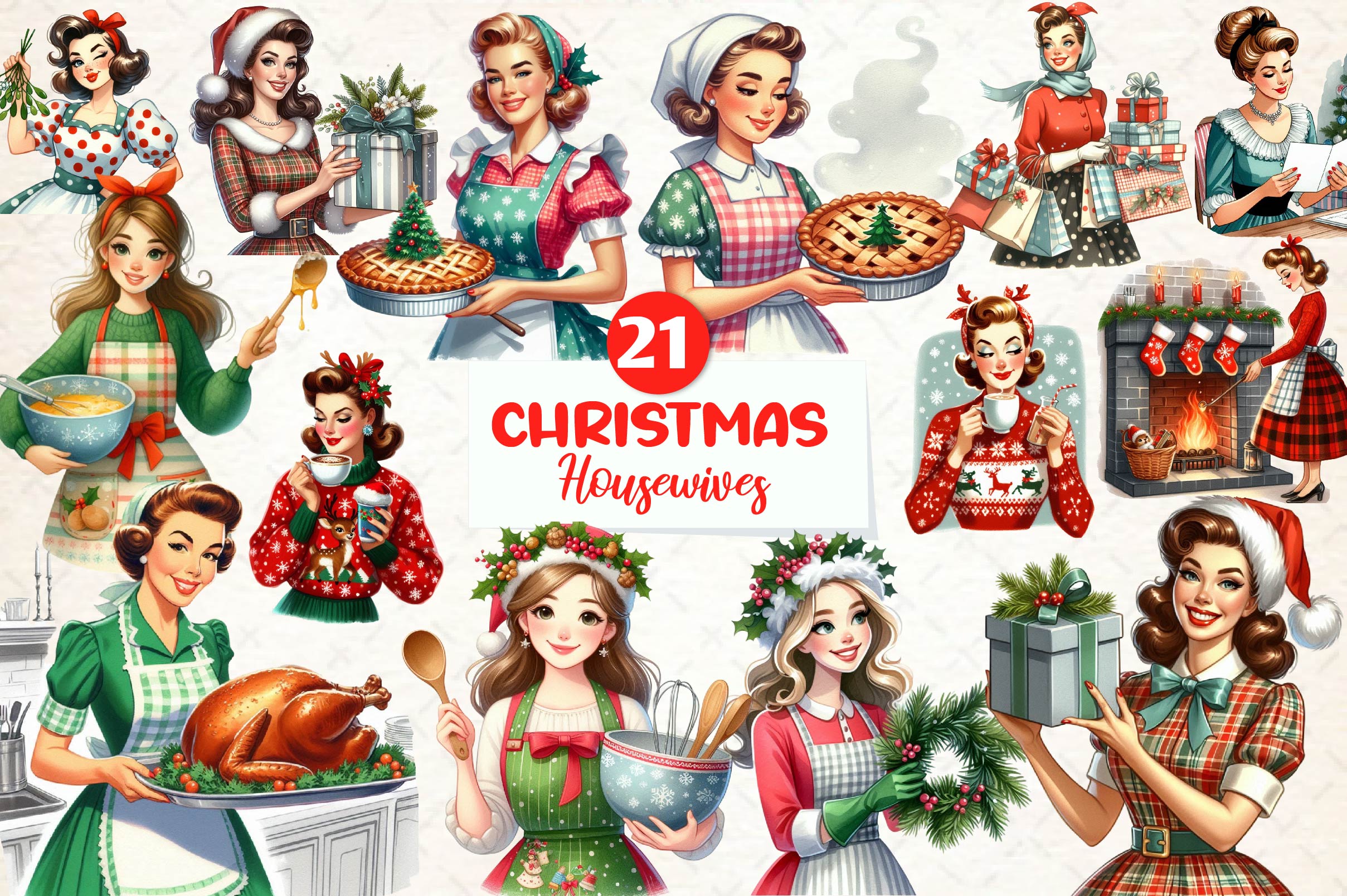 Retro Christmas Housewives Clipart Bundle